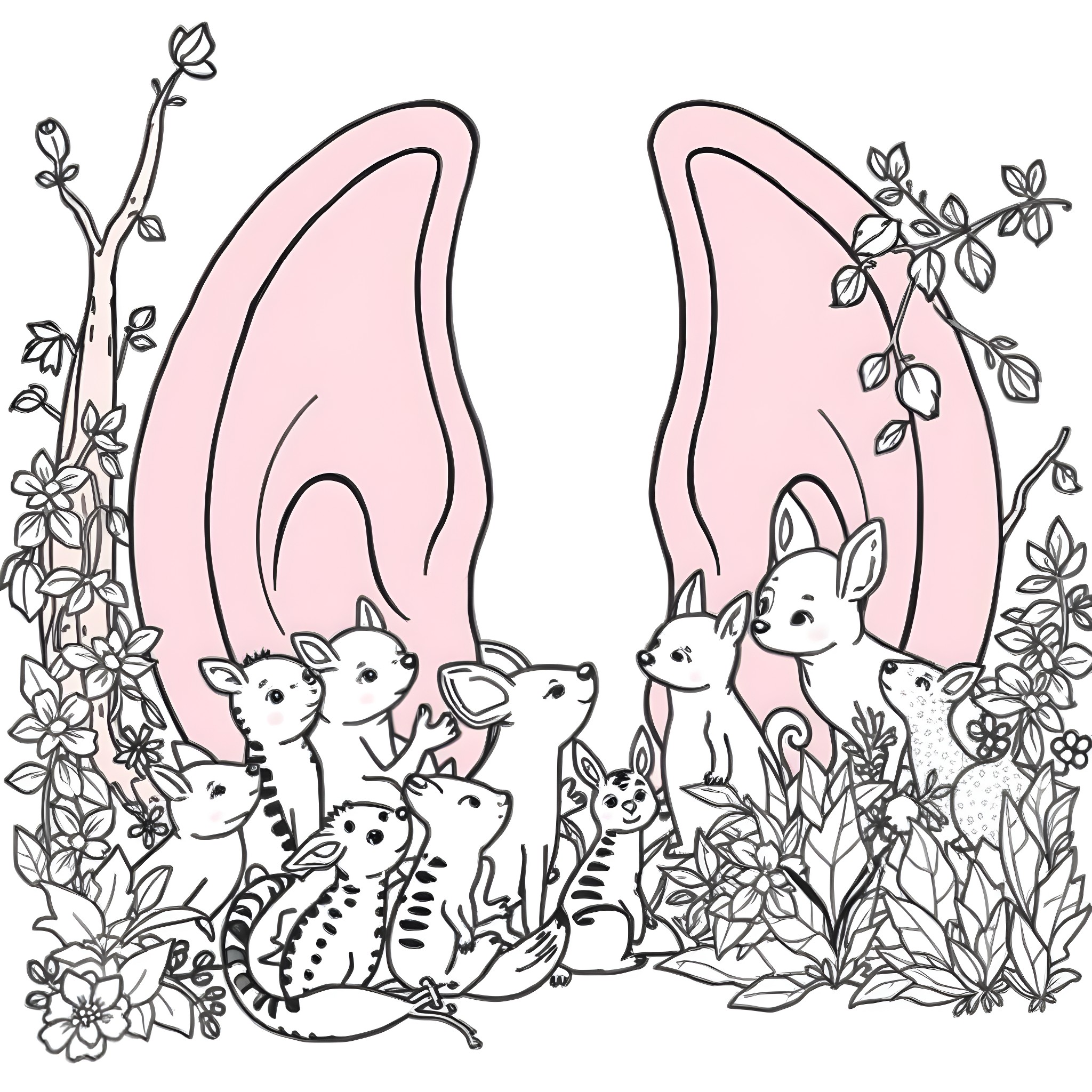 Ear-shaped World with Playful Wildlife Coloring Page (free black-and-white line drawing printable PDF for all, from beginners to advanced learners, including children, teens, adults, and seniors)