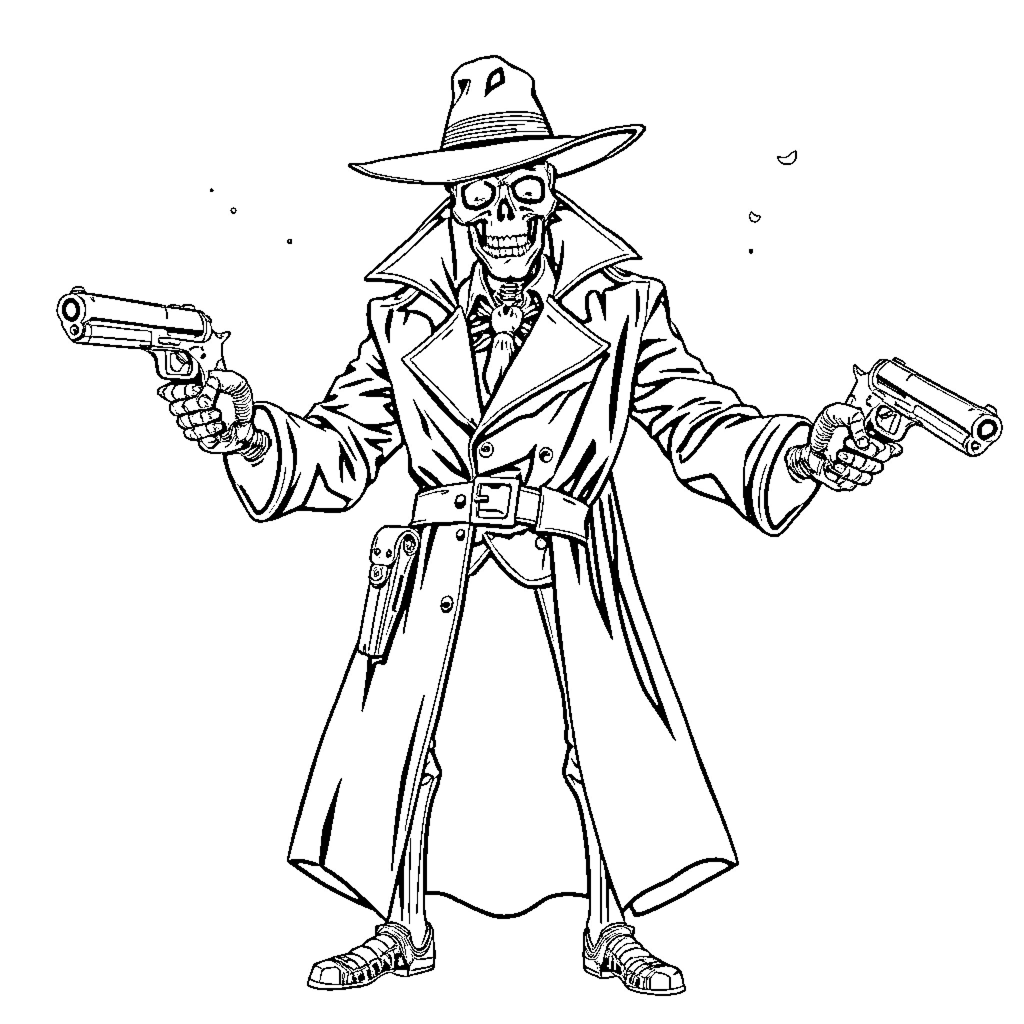 Skeleton sheriff aiming dual pistols in western attire Coloring Page (free black-and-white line drawing printable PDF for all, from beginners to advanced learners, including children, teens, adults, and seniors)