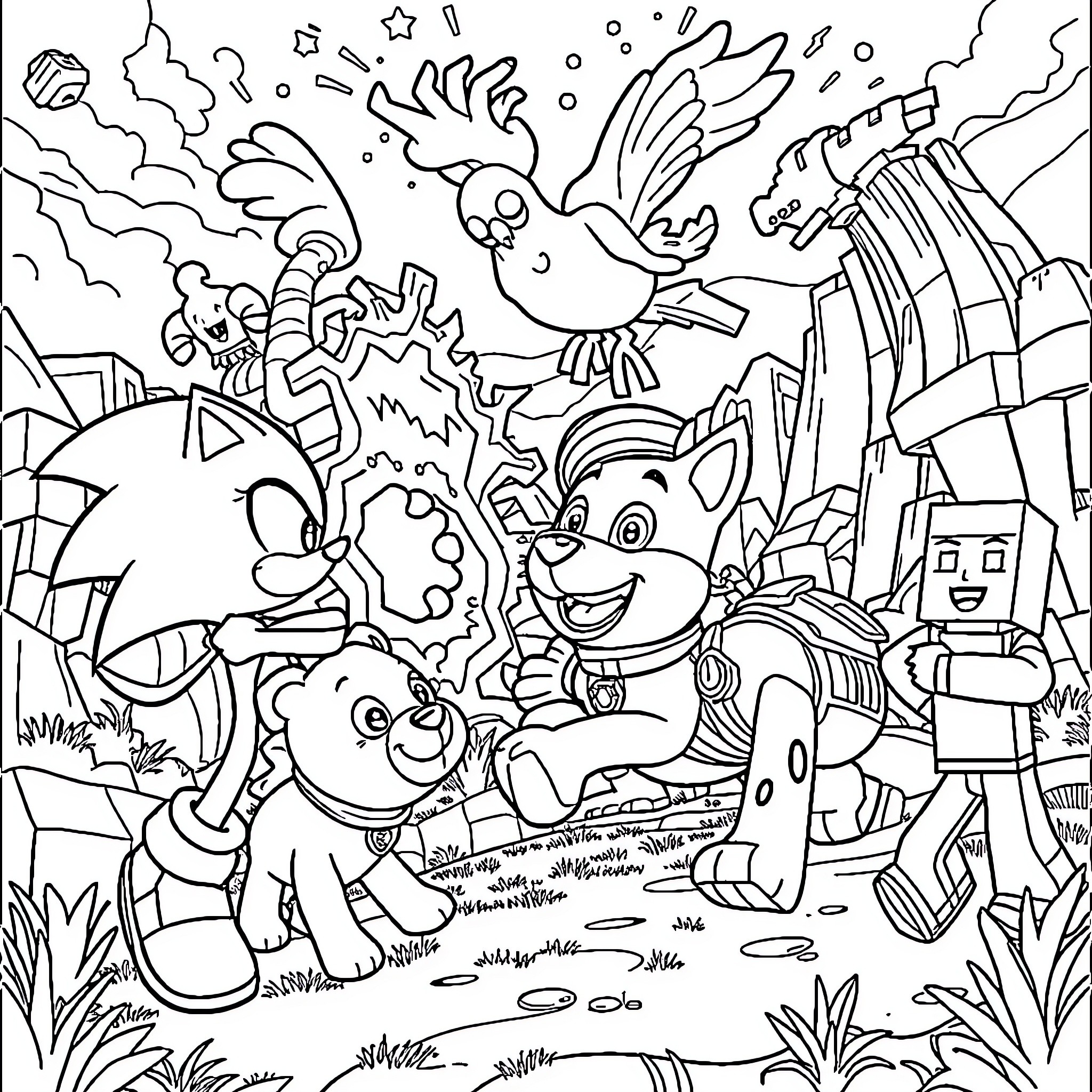 Sonic characters in a vibrant animated landscape Coloring Page (free black-and-white line drawing printable PDF for all, from beginners to advanced learners, including children, teens, adults, and seniors)