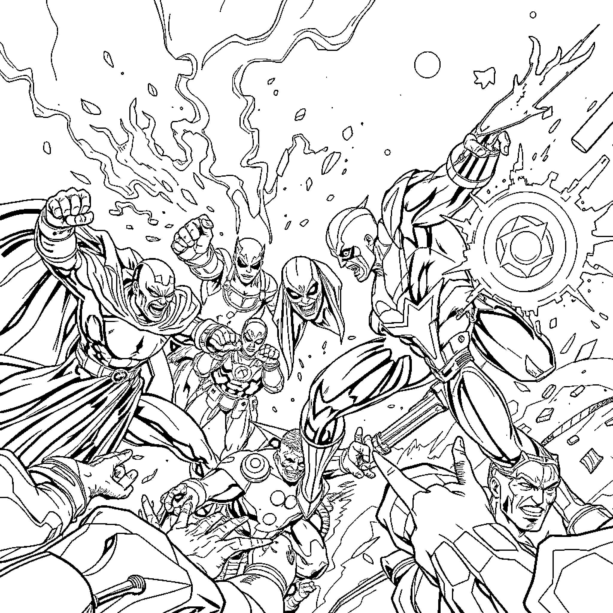 Hero Superheroes in Fierce Battle Coloring Page (free black-and-white line drawing printable PDF for all, from beginners to advanced learners, including children, teens, adults, and seniors)