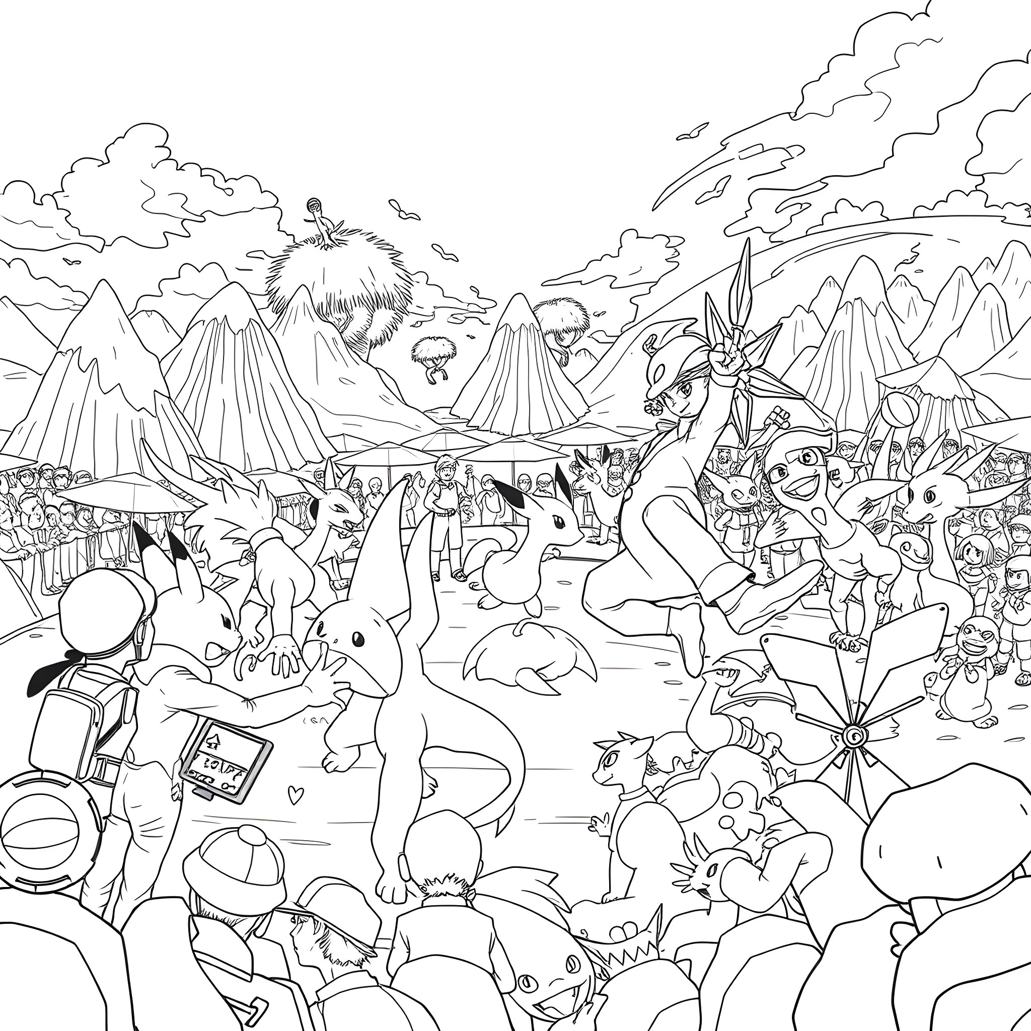 Pokémon characters gathered in a fantastical landscape Coloring Page (free black-and-white line drawing printable PDF for all, from beginners to advanced learners, including children, teens, adults, and seniors)