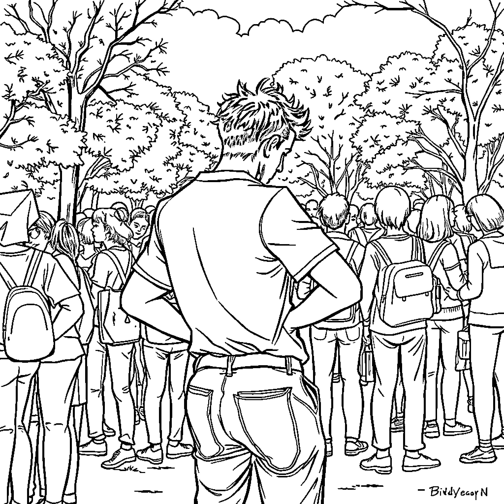 Guy leading a group of people in the forest Coloring Page (free black-and-white line drawing printable PDF for all, from beginners to advanced learners, including children, teens, adults, and seniors)