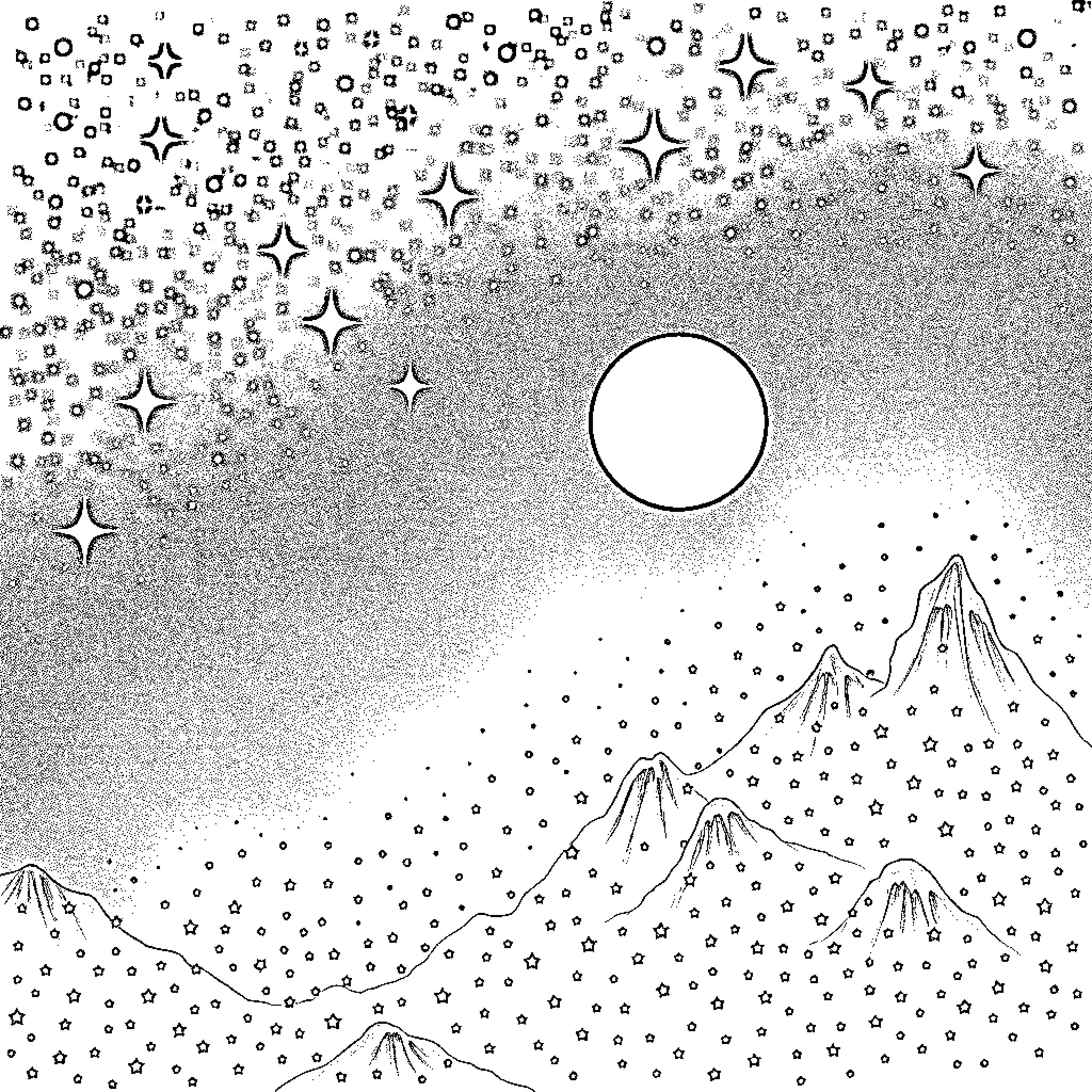 Star-filled Landscape with Snowy Mountains Coloring Page (free black-and-white line drawing printable PDF for all, from beginners to advanced learners, including children, teens, adults, and seniors)