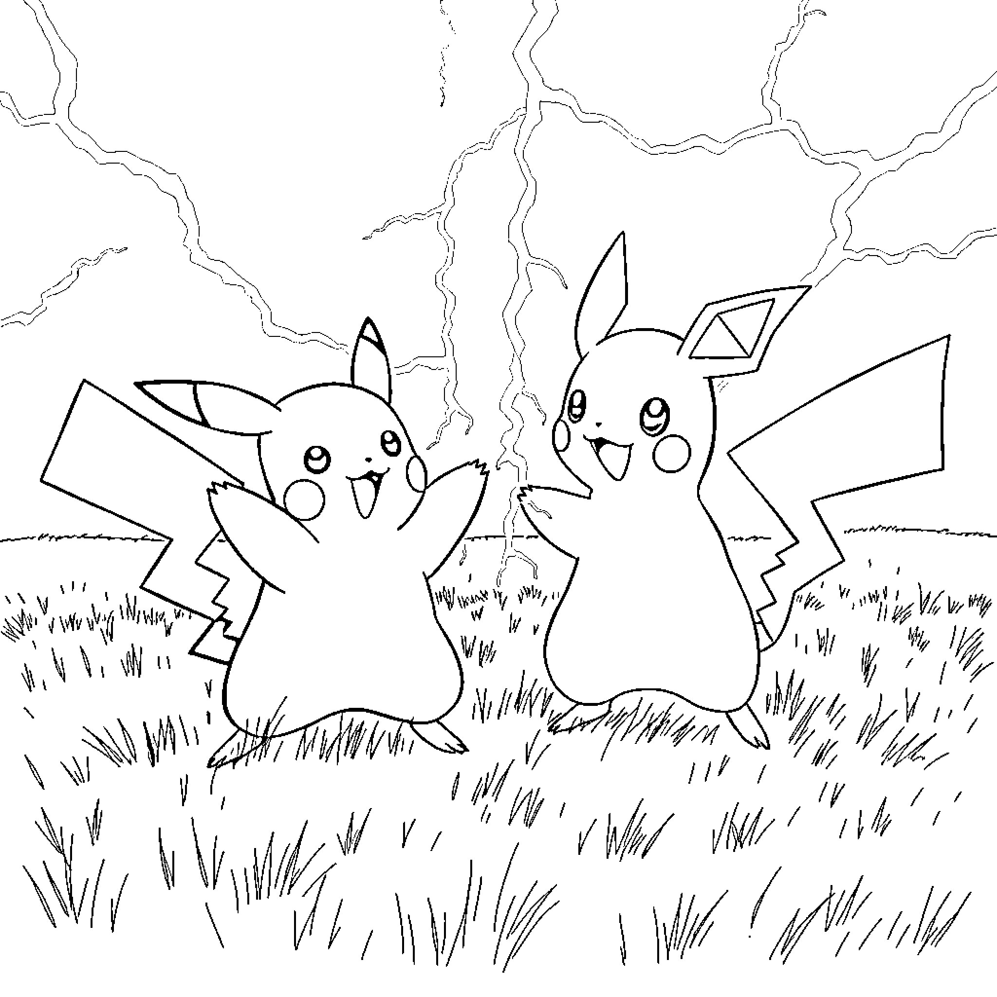 Pikachu friends having a playful moment in the field Coloring Page (free black-and-white line drawing printable PDF for all, from beginners to advanced learners, including children, teens, adults, and seniors)