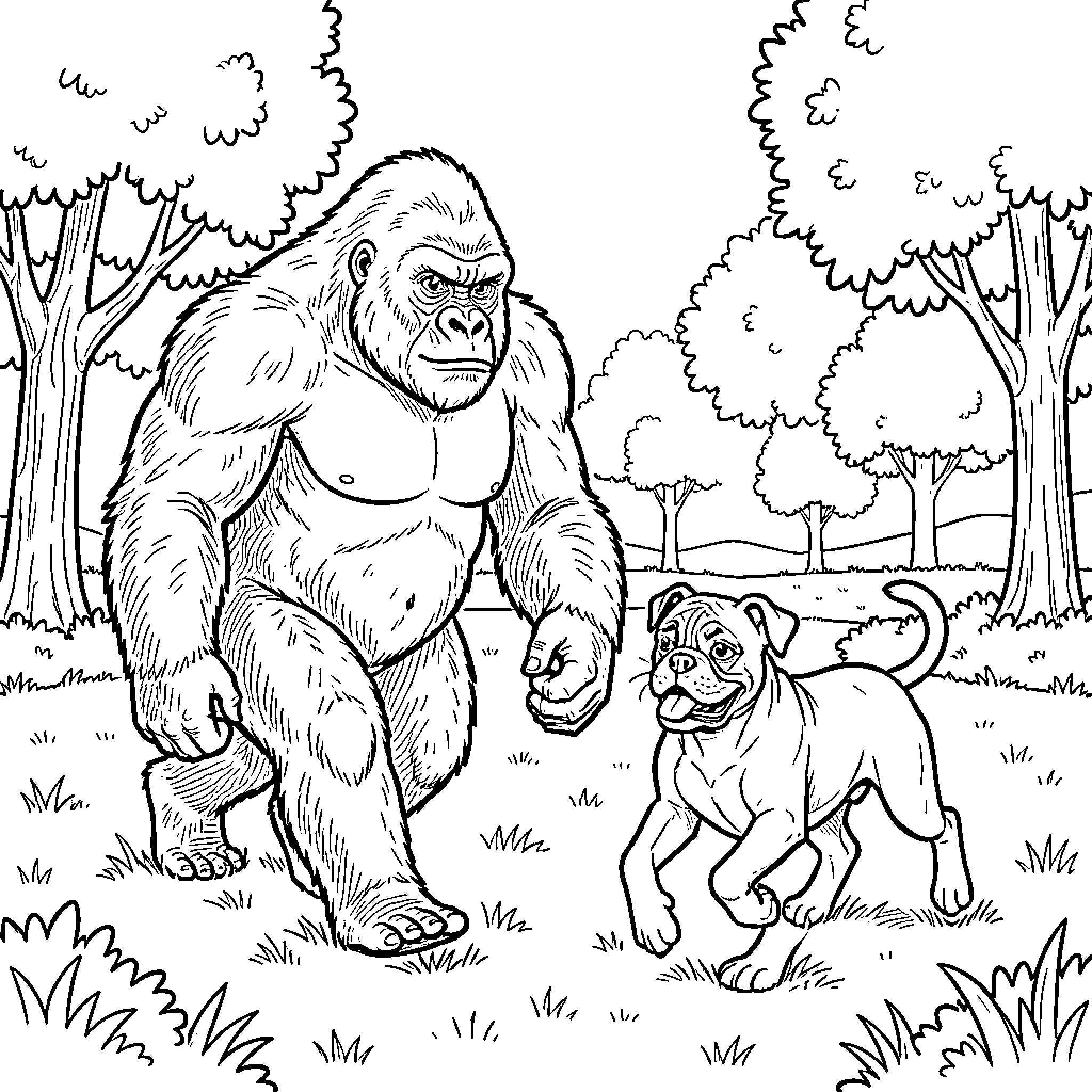 Gorilla walking through the forest with a puppy Coloring Page (free black-and-white line drawing printable PDF for all, from beginners to advanced learners, including children, teens, adults, and seniors)