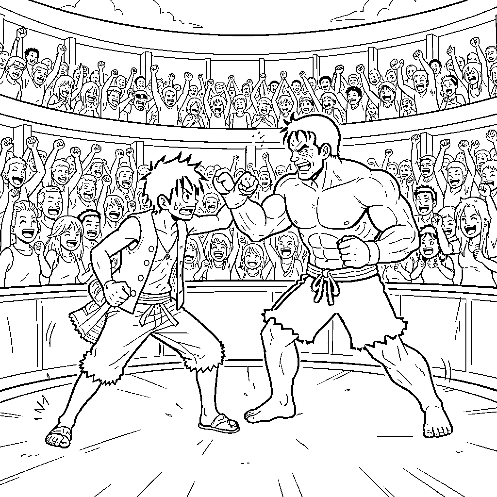Luffy fighting a muscular opponent in an arena Coloring Page (free black-and-white line drawing printable PDF for all, from beginners to advanced learners, including children, teens, adults, and seniors)