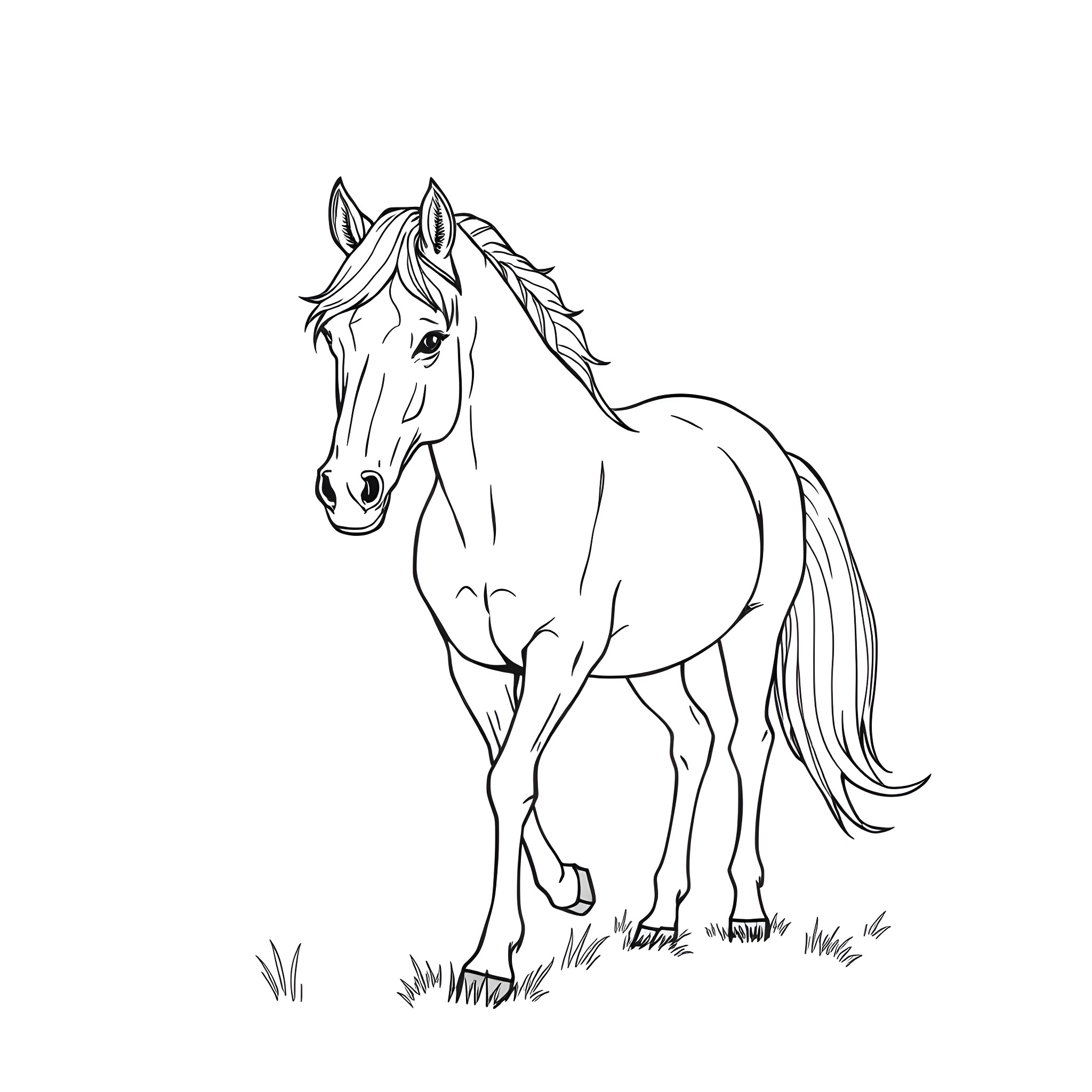 Horse standing in the field Coloring Page (free black-and-white line drawing printable PDF for all, from beginners to advanced learners, including children, teens, adults, and seniors)