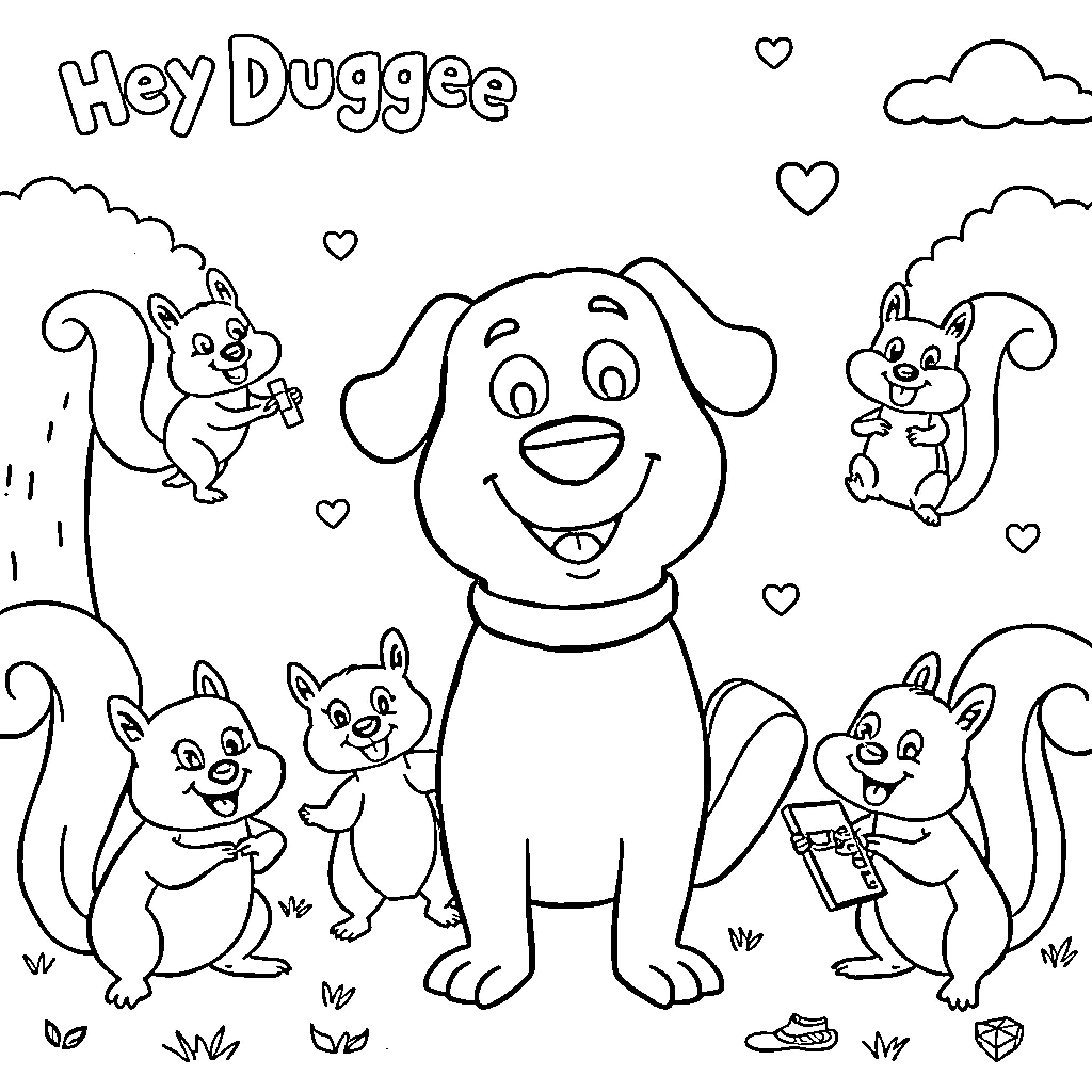 Duggee and friends in a playful outdoor scene Coloring Page (free black-and-white line drawing printable PDF for all, from beginners to advanced learners, including children, teens, adults, and seniors)