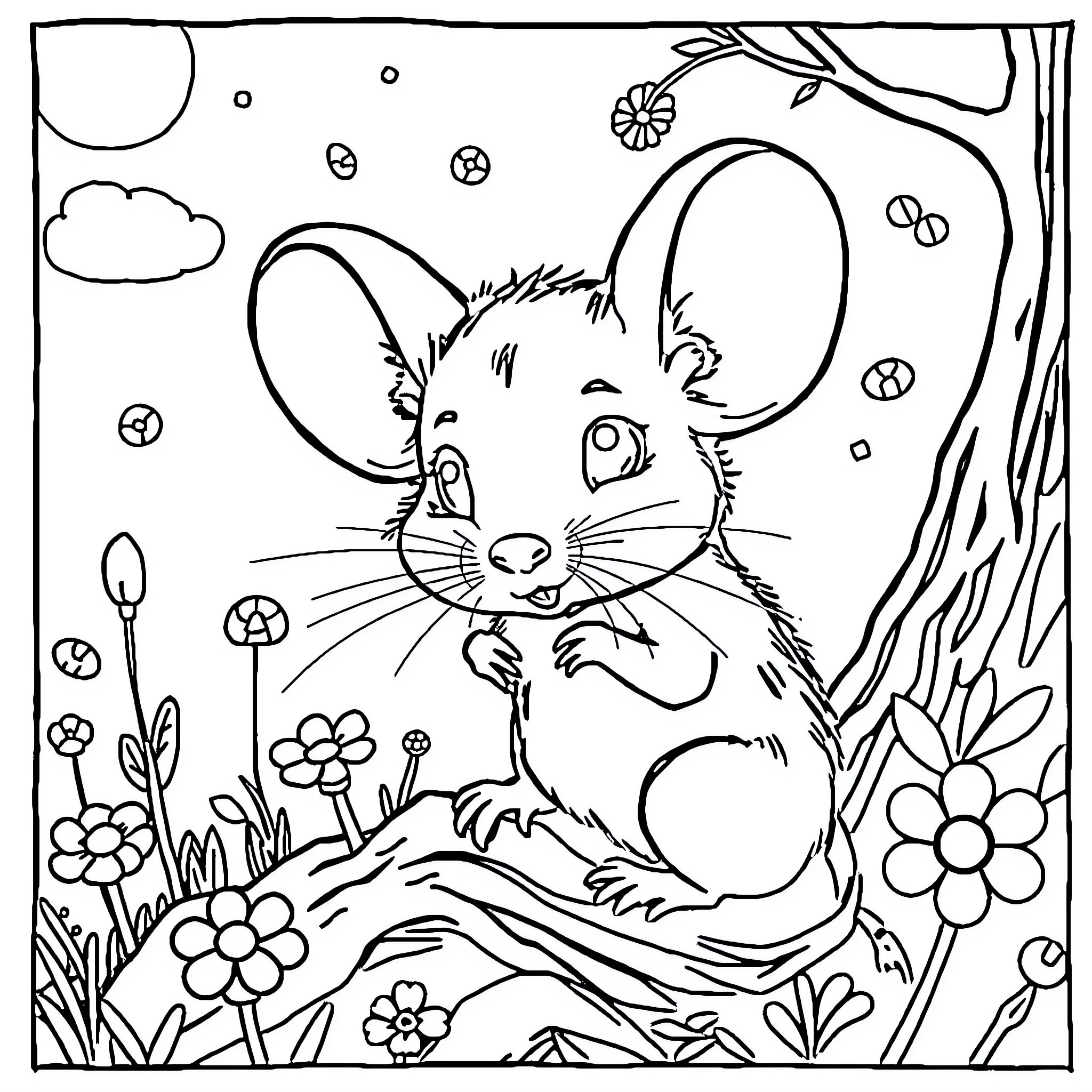Lilo's Whimsical Adventure in the Enchanted Forest Coloring Page (free black-and-white line drawing printable PDF for all, from beginners to advanced learners, including children, teens, adults, and seniors)