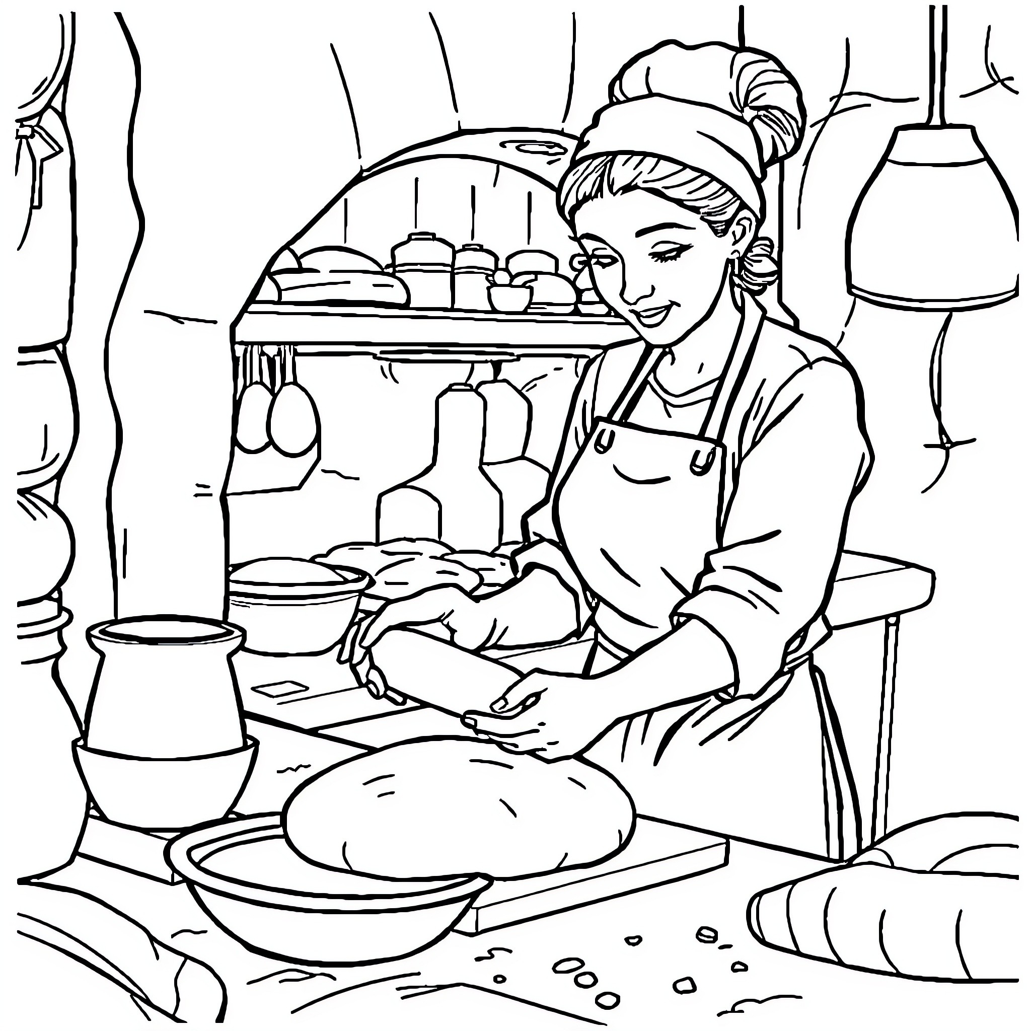 Tiakola Preparing a Meal in the Kitchen Coloring Page (free black-and-white line drawing printable PDF for all, from beginners to advanced learners, including children, teens, adults, and seniors)