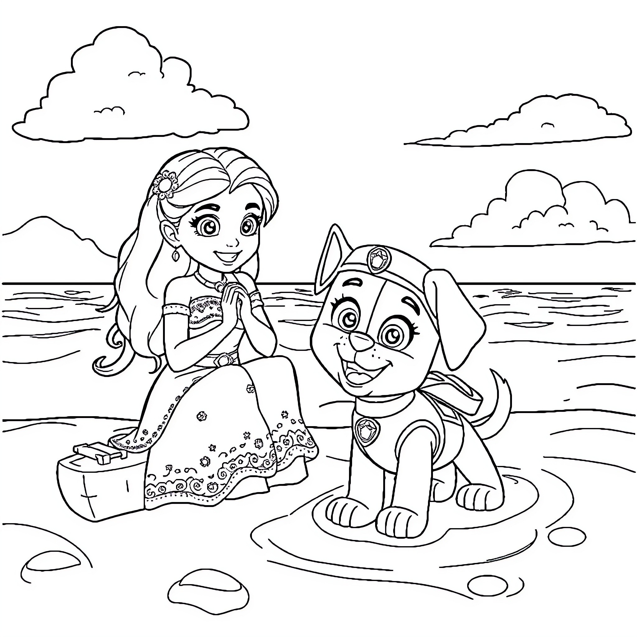 Vaïna and her canine companion explore the beach Coloring Page (free black-and-white line drawing printable PDF for all, from beginners to advanced learners, including children, teens, adults, and seniors)