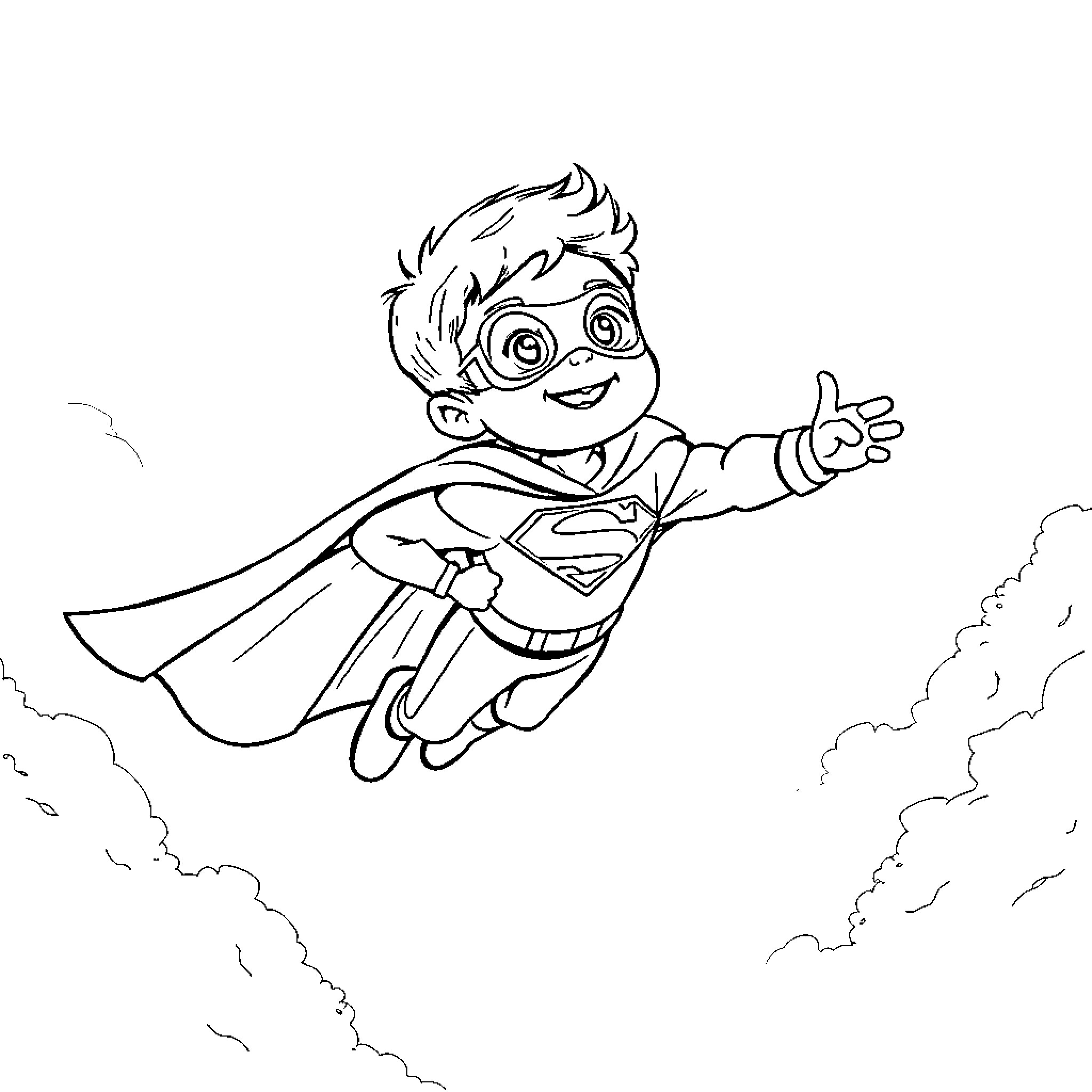 Superboy flying joyfully through the skies Coloring Page (free black-and-white line drawing printable PDF for all, from beginners to advanced learners, including children, teens, adults, and seniors)