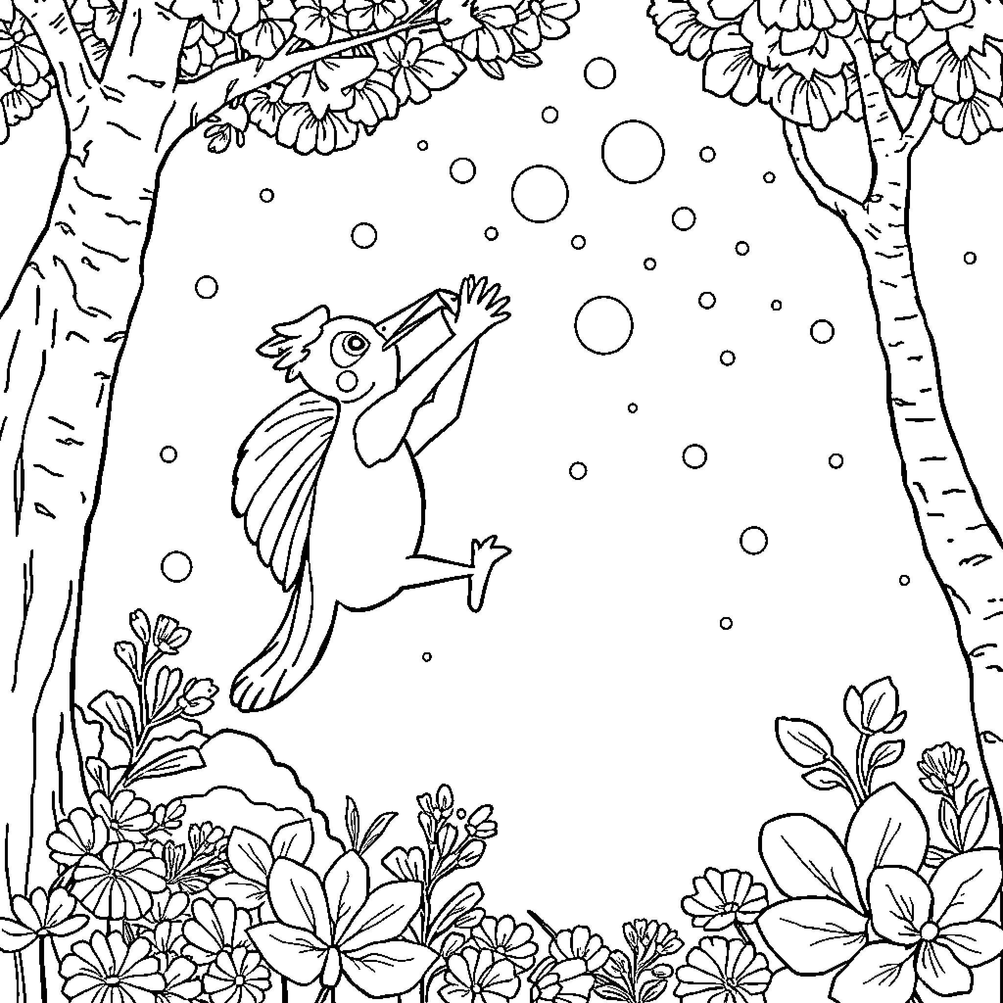 Bird playing happily in the snowy forest Coloring Page (free black-and-white line drawing printable PDF for all, from beginners to advanced learners, including children, teens, adults, and seniors)