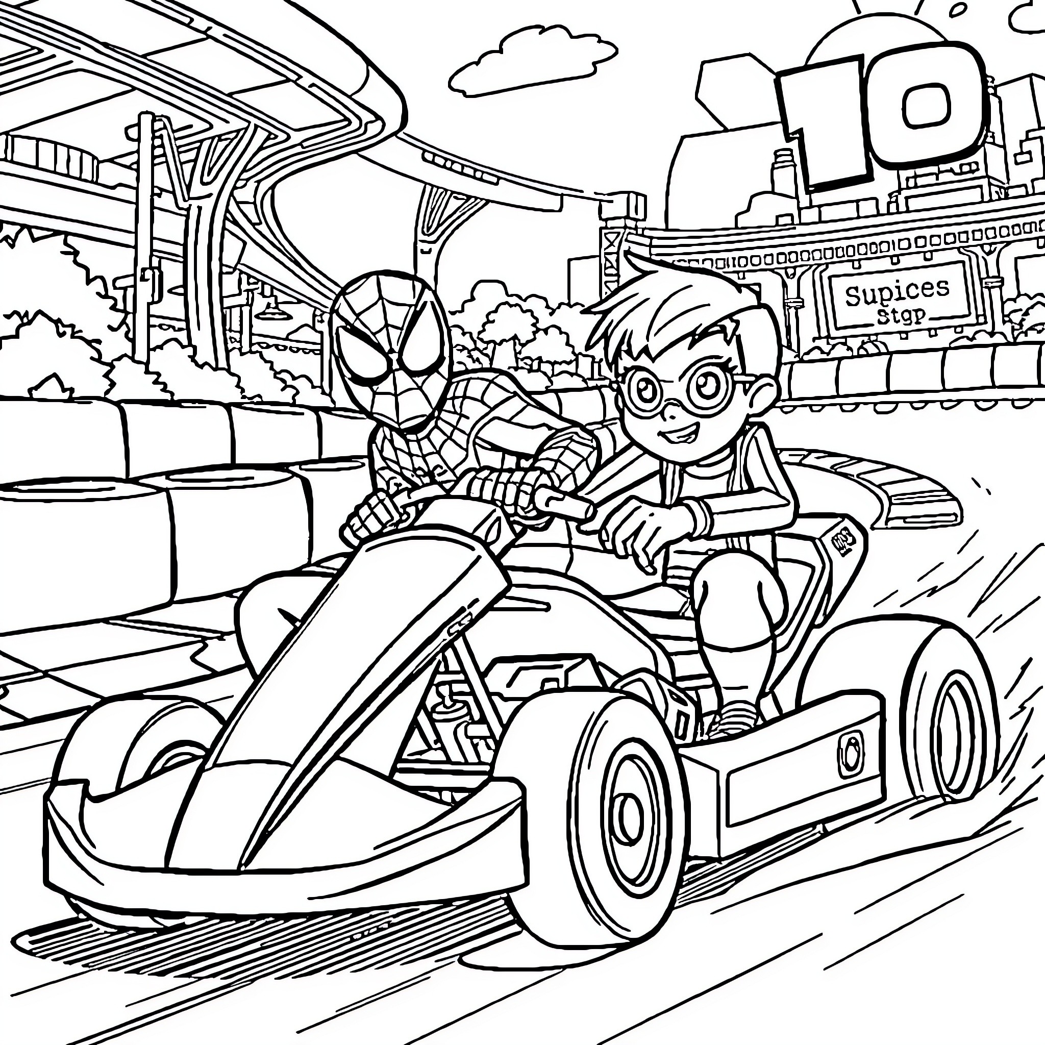 Spiderman and friend racing in a high-speed go-kart Coloring Page (free black-and-white line drawing printable PDF for all, from beginners to advanced learners, including children, teens, adults, and seniors)