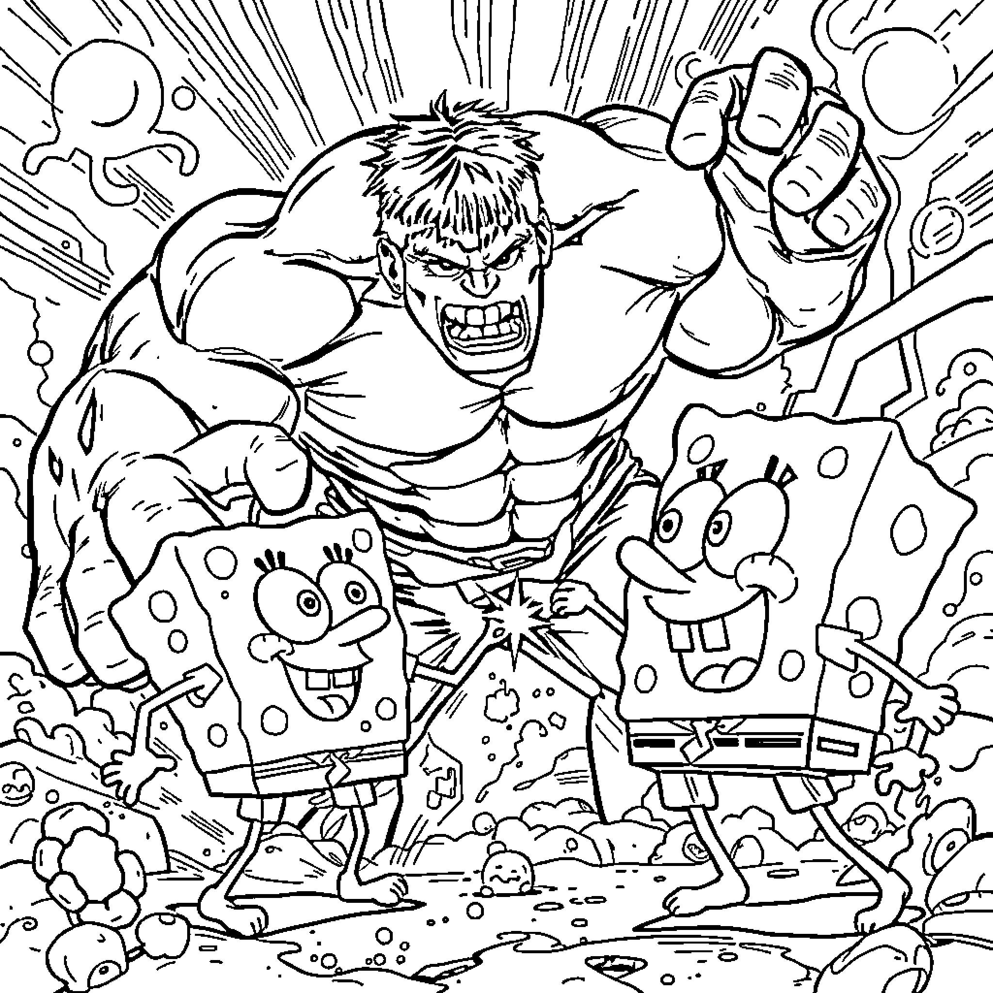 Hulk smashing through cartoon characters Coloring Page (free black-and-white line drawing printable PDF for all, from beginners to advanced learners, including children, teens, adults, and seniors)