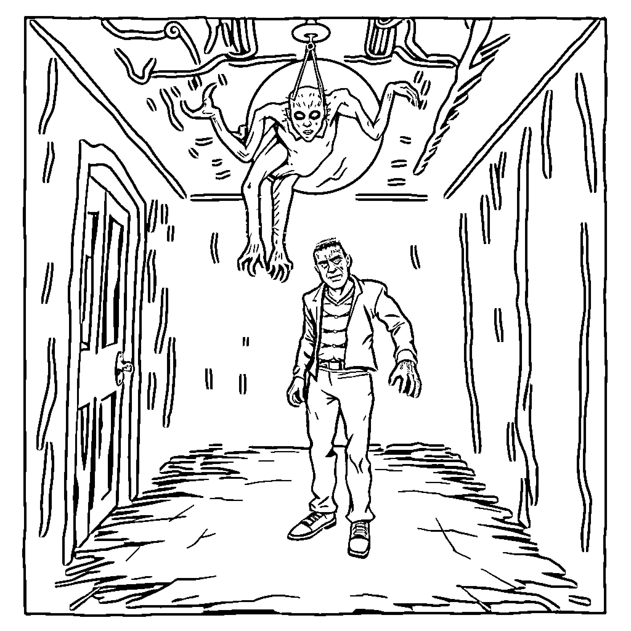 Frankenstein's Monster Haunting a Frightened Man Coloring Page (free black-and-white line drawing printable PDF for all, from beginners to advanced learners, including children, teens, adults, and seniors)
