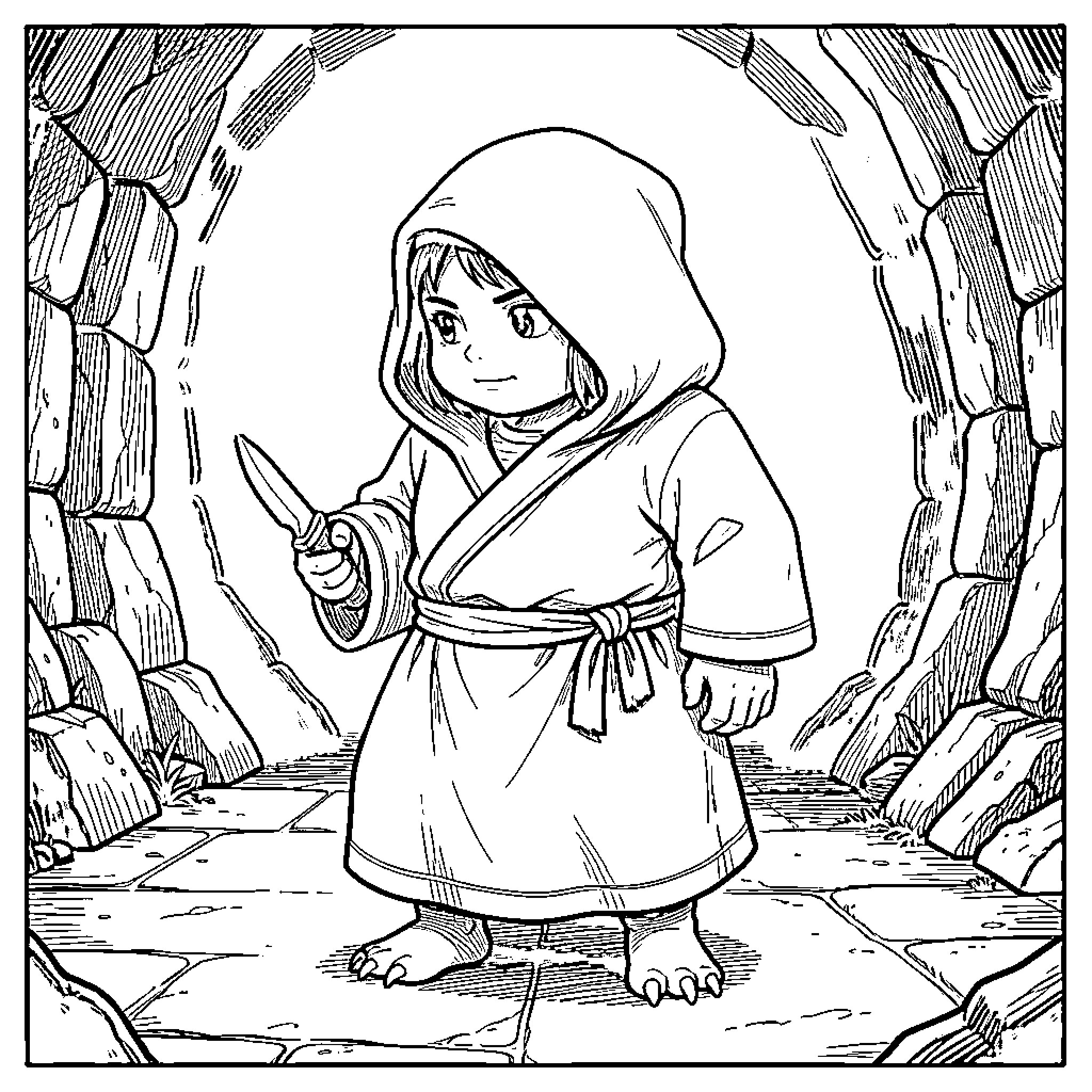 Tonberry standing in a stone tunnel holding a knife Coloring Page (free black-and-white line drawing printable PDF for all, from beginners to advanced learners, including children, teens, adults, and seniors)