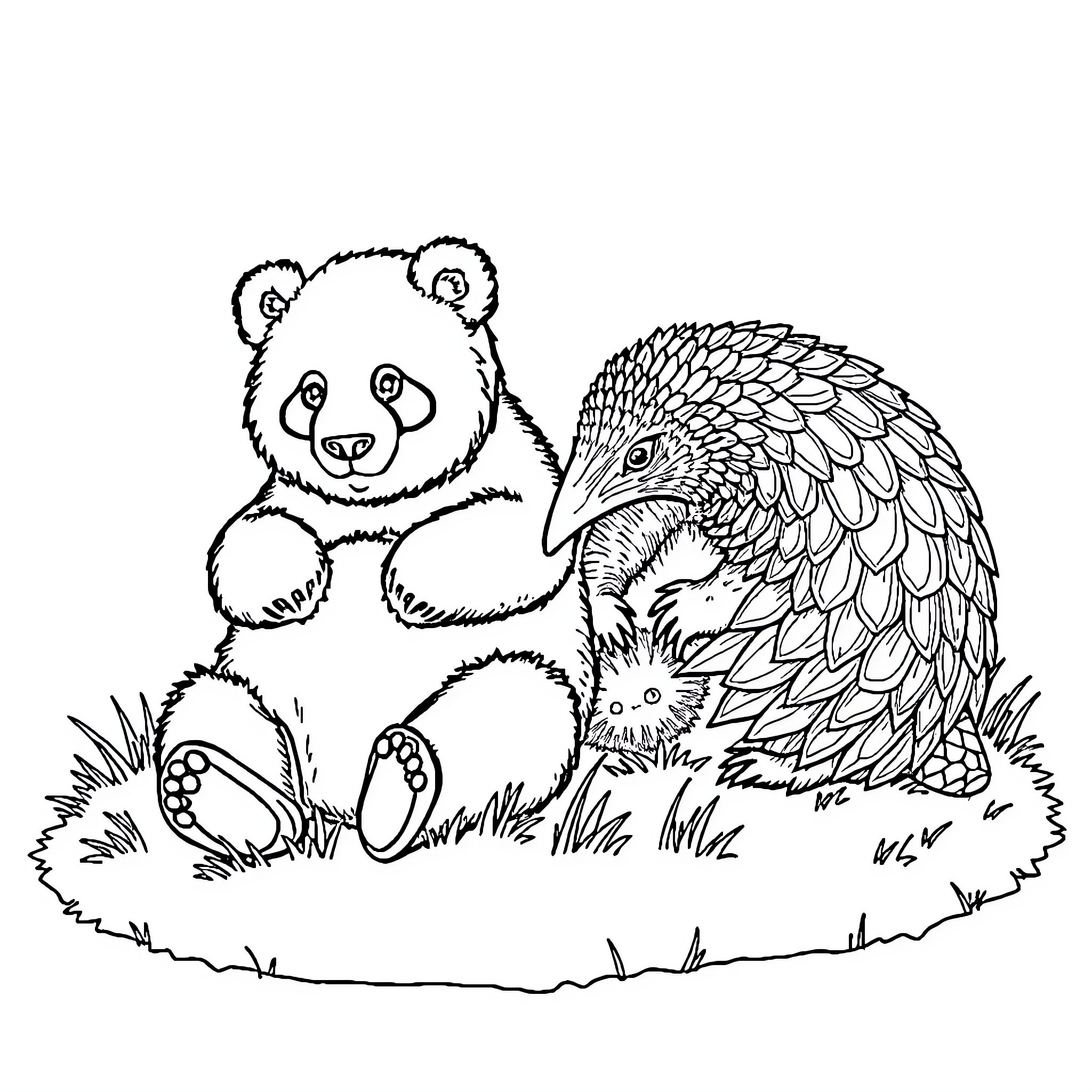 Panda and pangolin in nature Coloring Page (free black-and-white line drawing printable PDF for all, from beginners to advanced learners, including children, teens, adults, and seniors)