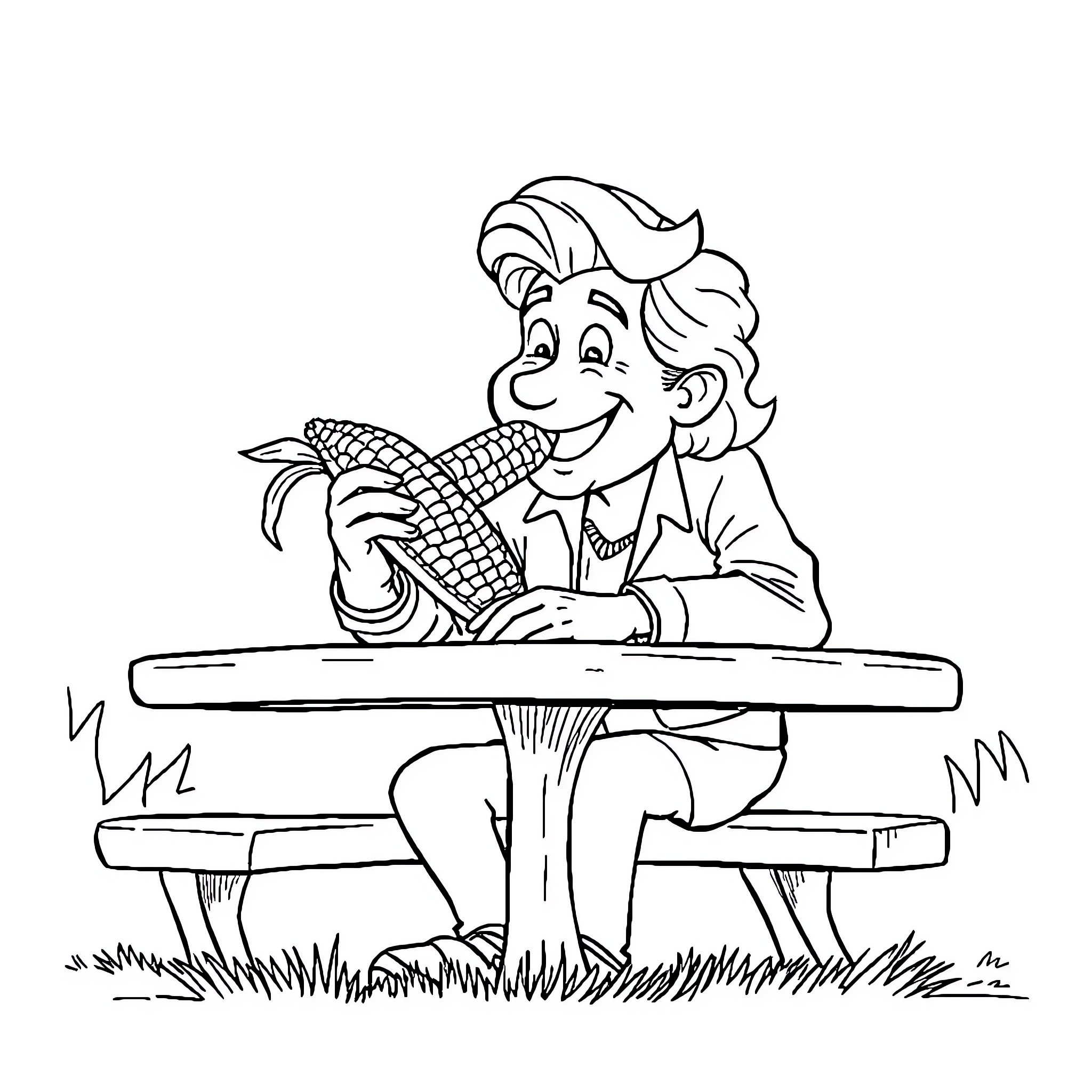 Person enjoying a corn on the cob Coloring Page (free black-and-white line drawing printable PDF for all, from beginners to advanced learners, including children, teens, adults, and seniors)