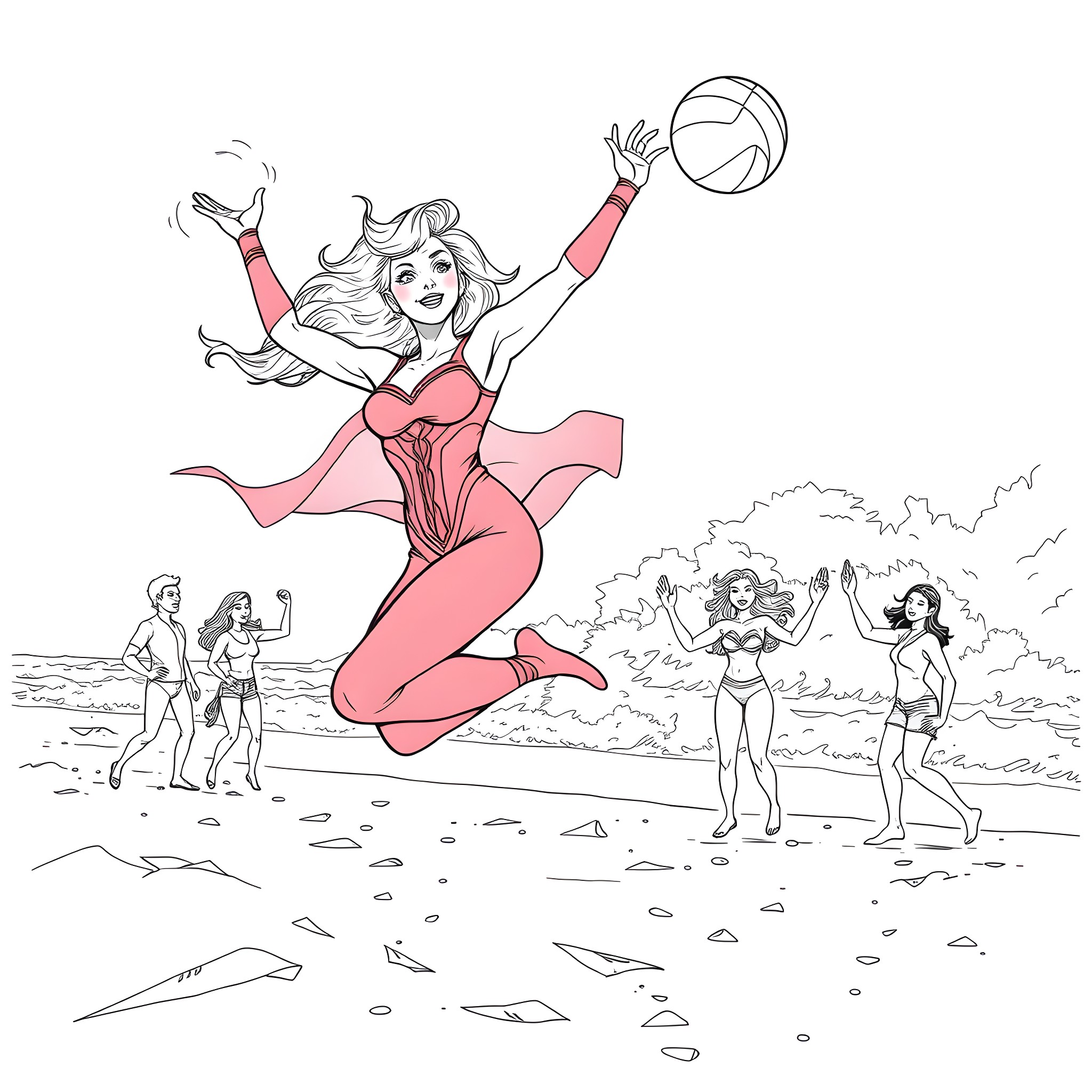 Scarlet Witch enjoying a beachside volleyball game Coloring Page (free black-and-white line drawing printable PDF for all, from beginners to advanced learners, including children, teens, adults, and seniors)