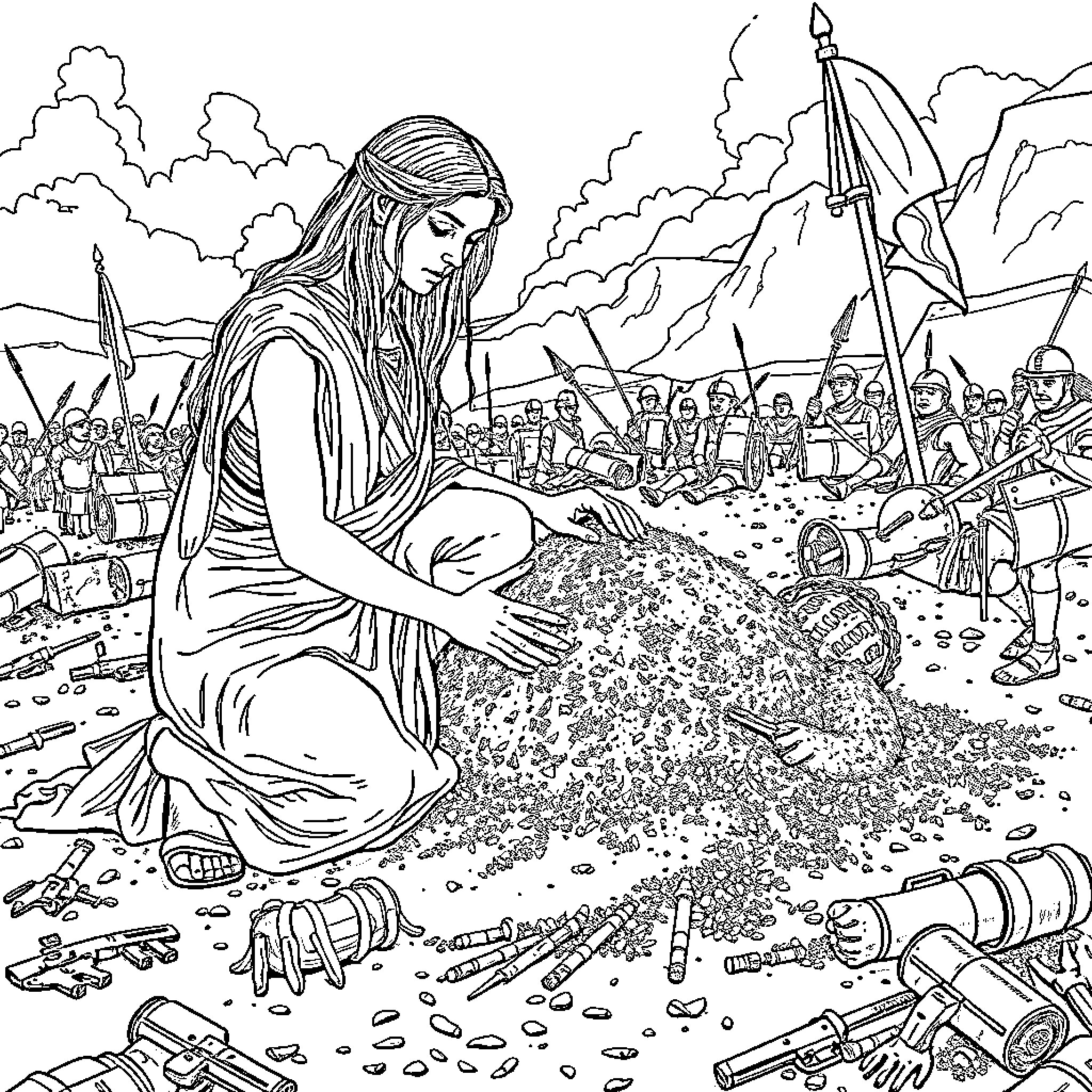 Antigone mourns the fallen amidst the battlefield Coloring Page (free black-and-white line drawing printable PDF for all, from beginners to advanced learners, including children, teens, adults, and seniors)