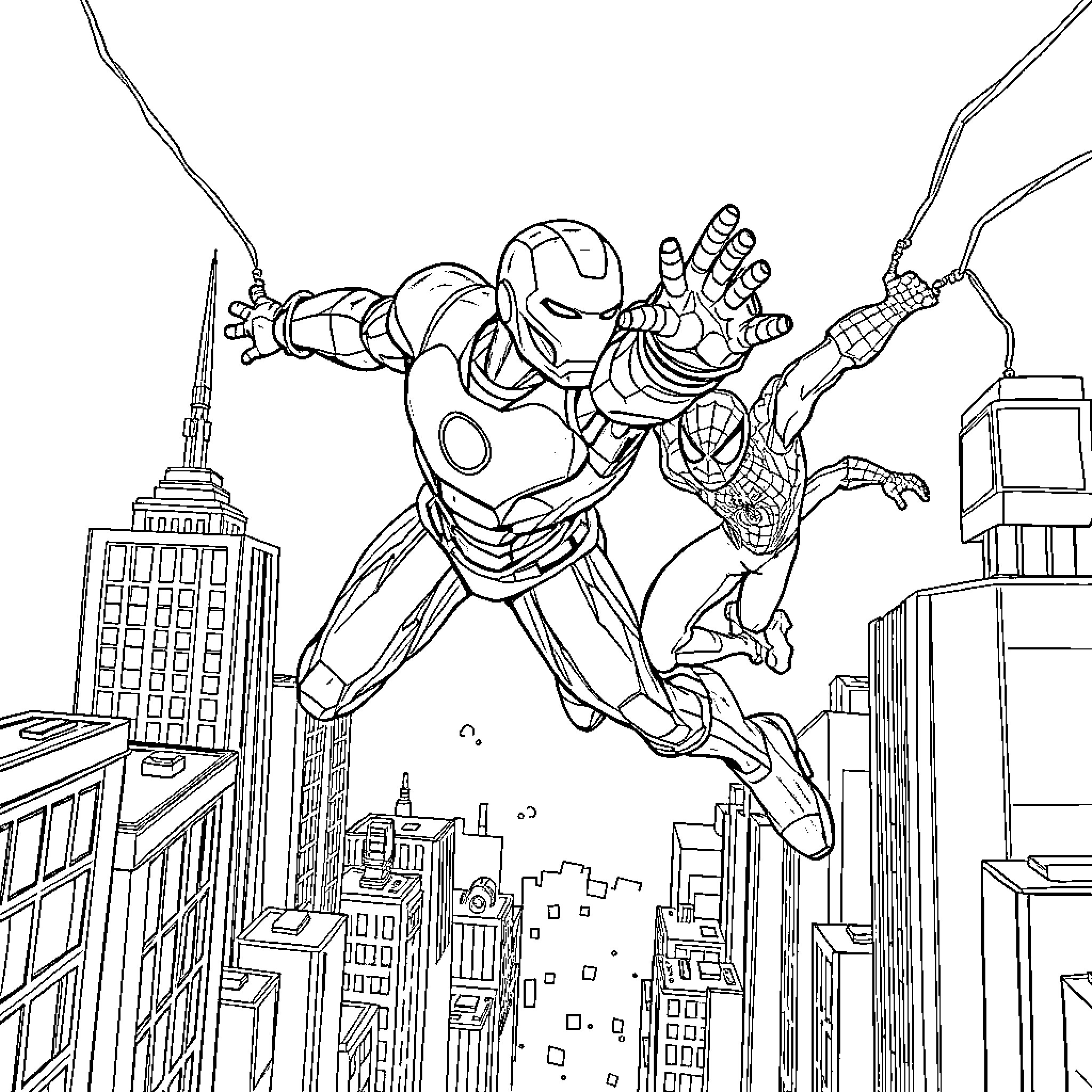 Iron Man and Spider-Man in action over the city Coloring Page (free black-and-white line drawing printable PDF for all, from beginners to advanced learners, including children, teens, adults, and seniors)