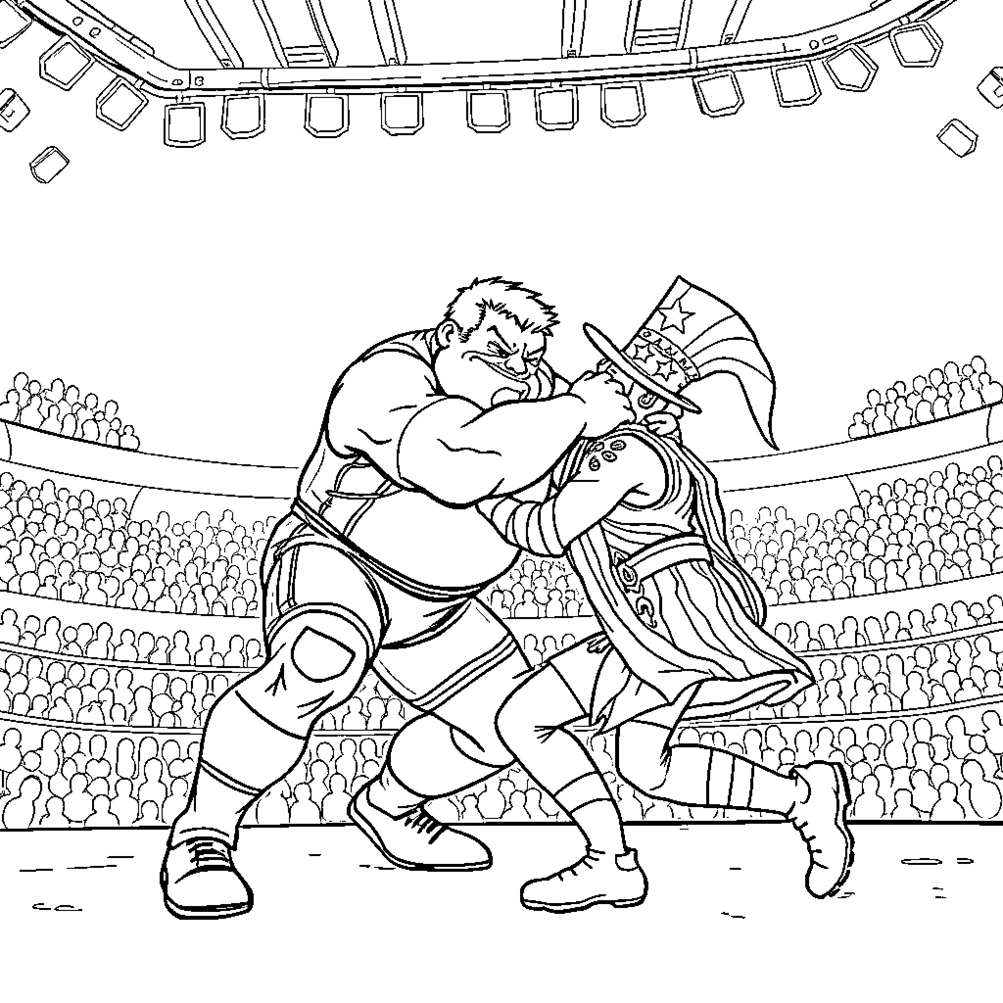 Husker wrestlers battling in a wrestling match Coloring Page (free black-and-white line drawing printable PDF for all, from beginners to advanced learners, including children, teens, adults, and seniors)