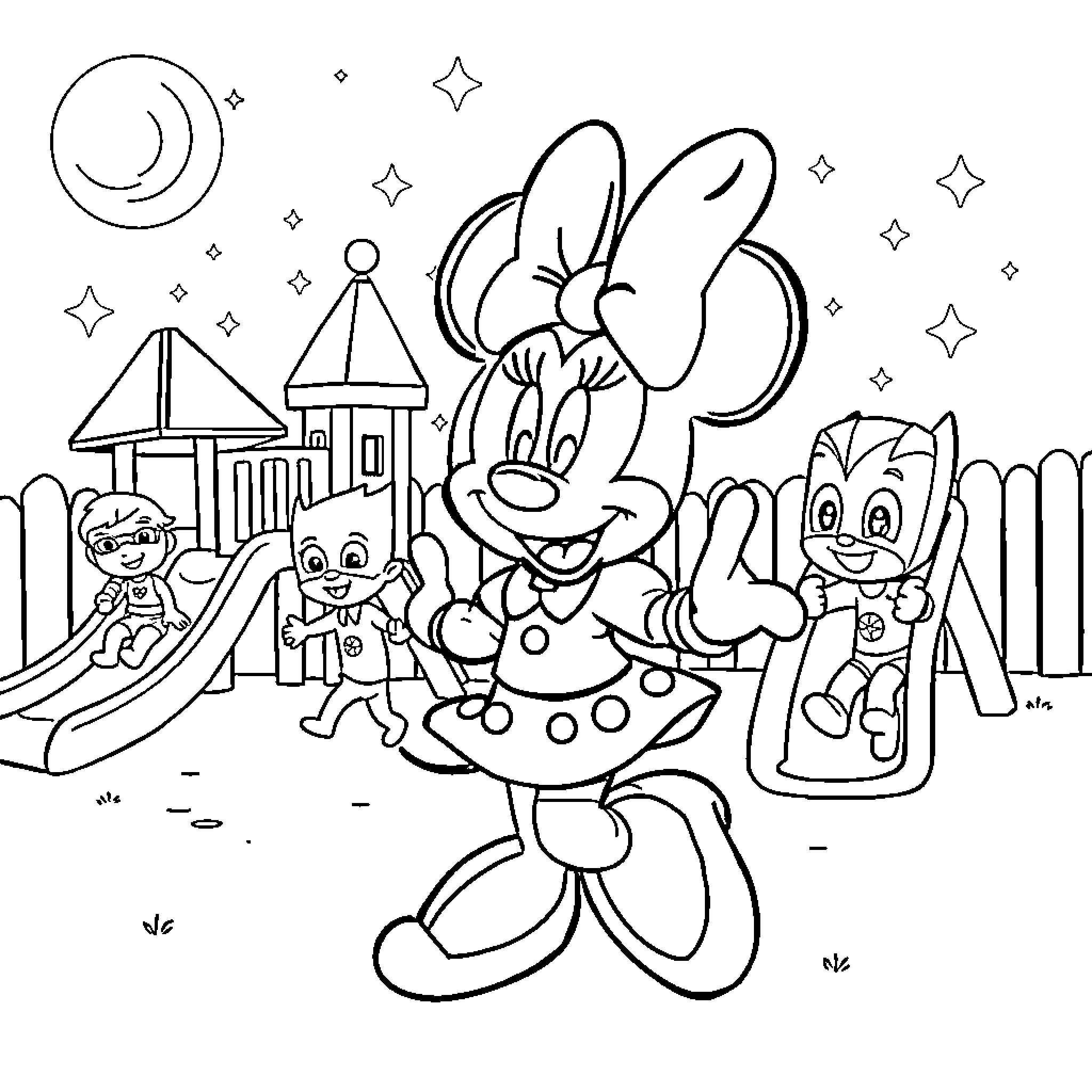 Minnie Mouse enjoying a playful day at the park Coloring Page (free black-and-white line drawing printable PDF for all, from beginners to advanced learners, including children, teens, adults, and seniors)