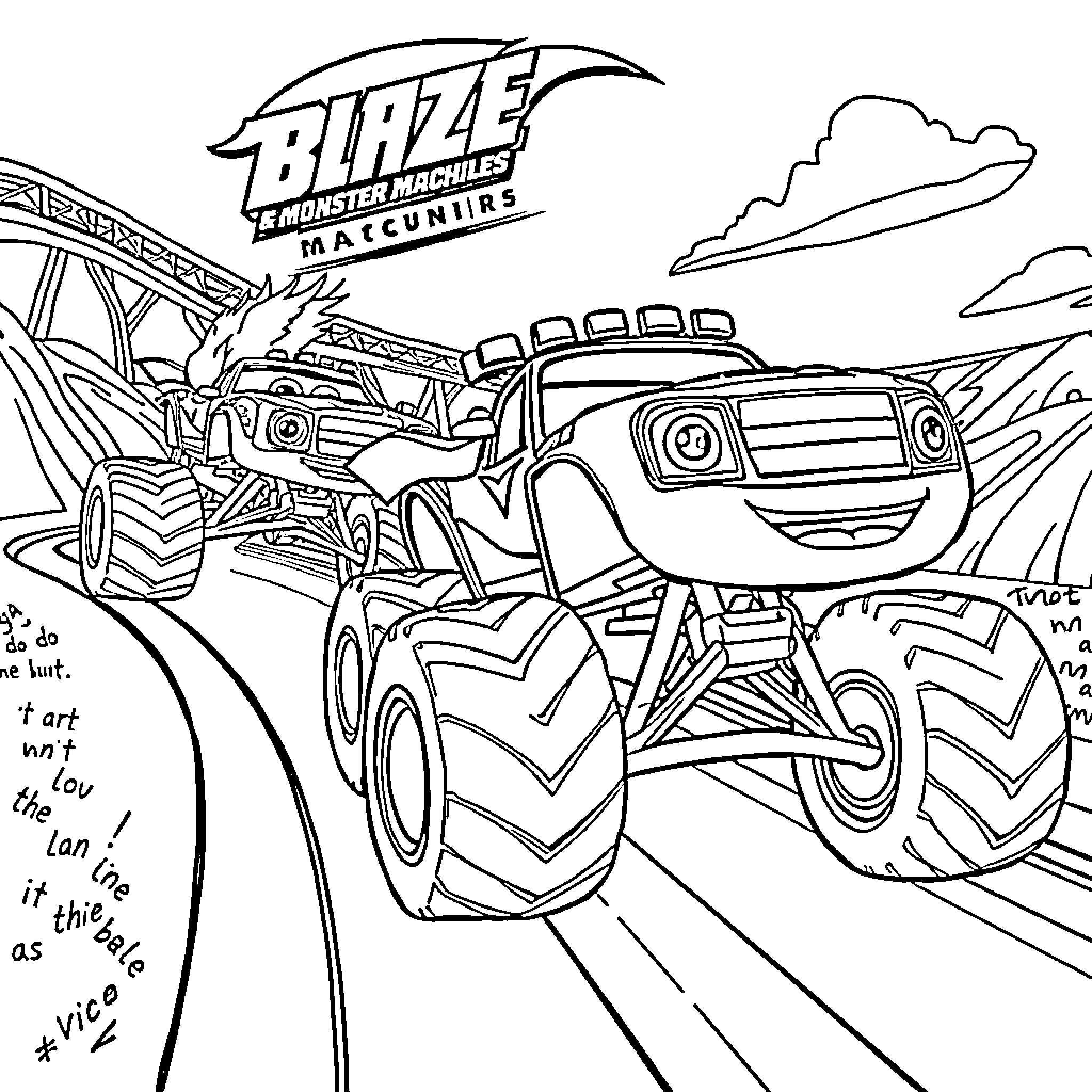 Blaze Monster Trucks Racing on the Track Coloring Page (free black-and-white line drawing printable PDF for all, from beginners to advanced learners, including children, teens, adults, and seniors)