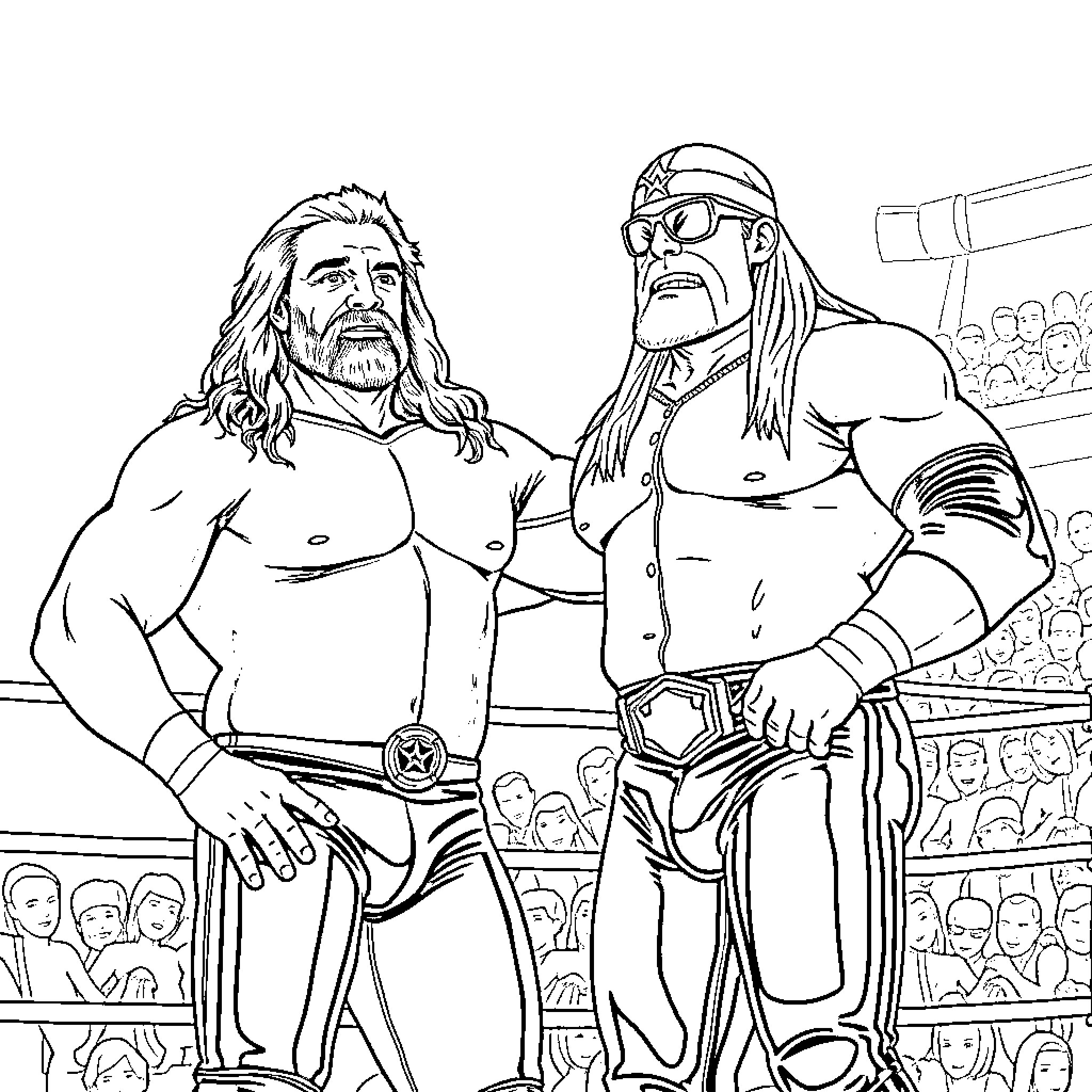 Wrestler standing together in a ring before a match Coloring Page (free black-and-white line drawing printable PDF for all, from beginners to advanced learners, including children, teens, adults, and seniors)