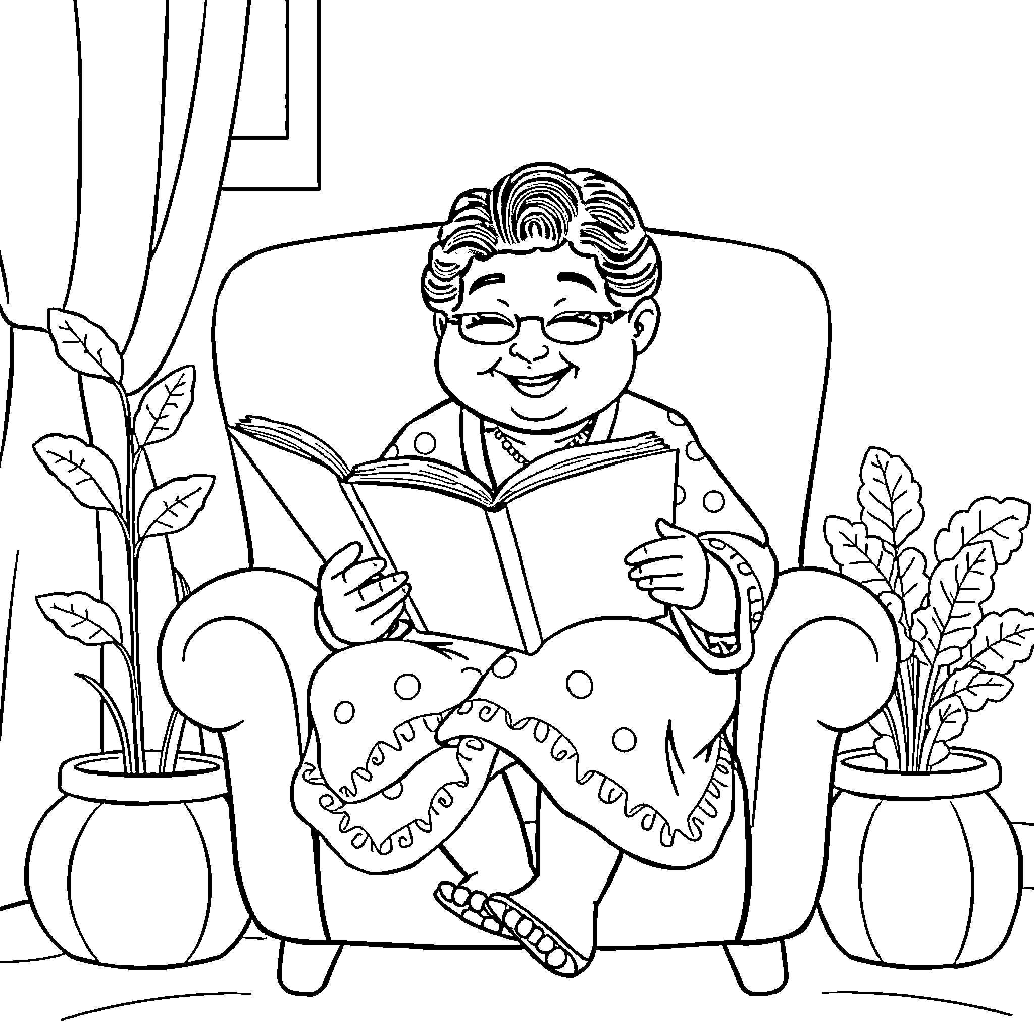 Ouma reading a book in her cozy home Coloring Page (free black-and-white line drawing printable PDF for all, from beginners to advanced learners, including children, teens, adults, and seniors)