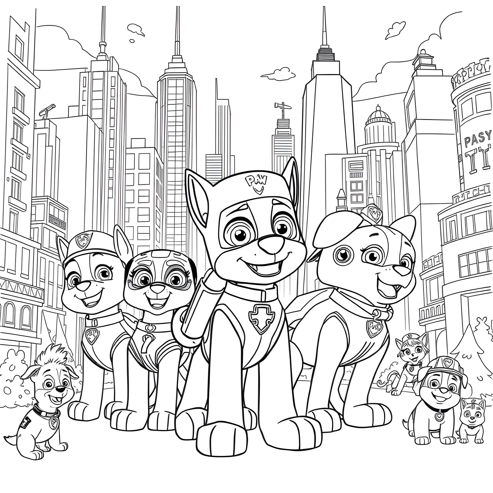 Paw Patrol Characters Explore the City Coloring Page (free black-and-white line drawing printable PDF for all, from beginners to advanced learners, including children, teens, adults, and seniors)