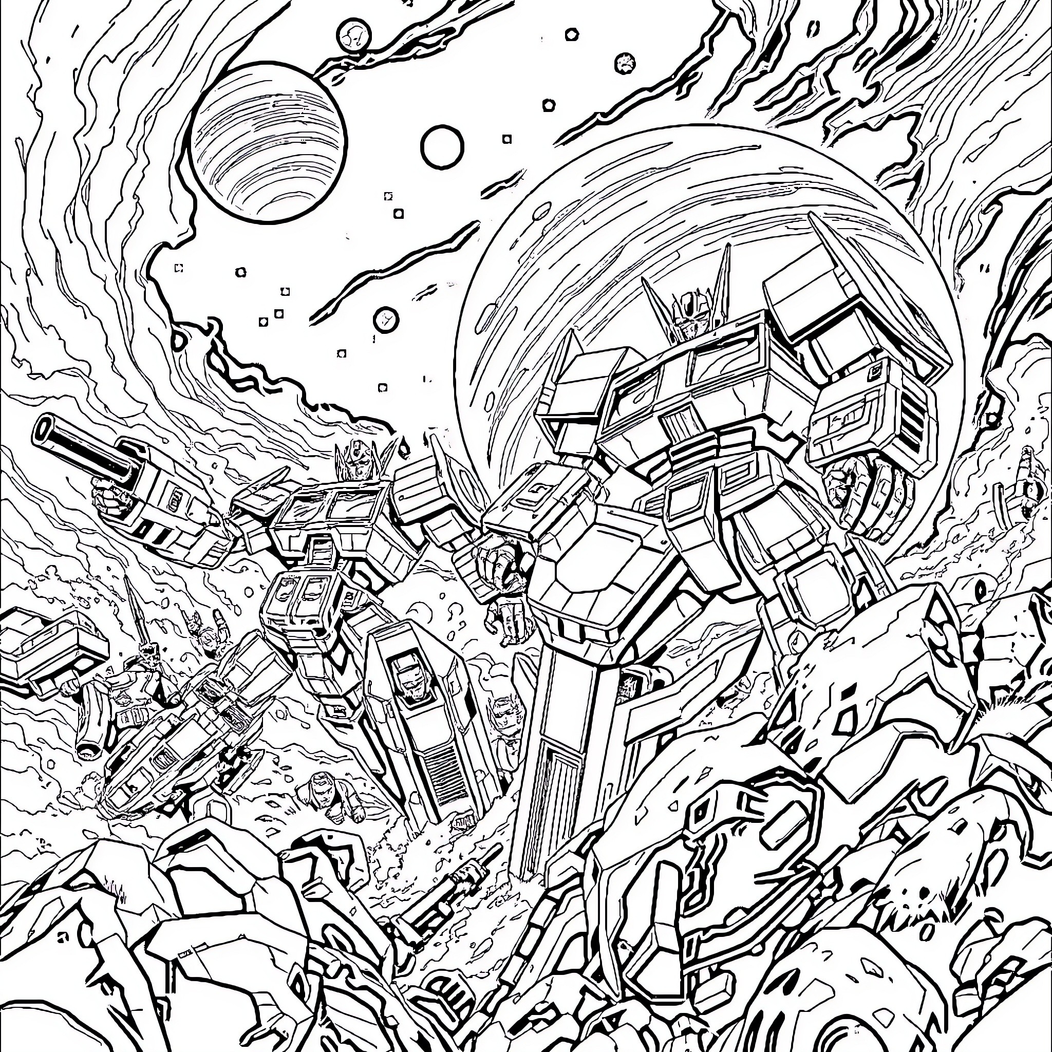 Transformer Battling Amidst Cosmic Chaos Coloring Page (free black-and-white line drawing printable PDF for all, from beginners to advanced learners, including children, teens, adults, and seniors)