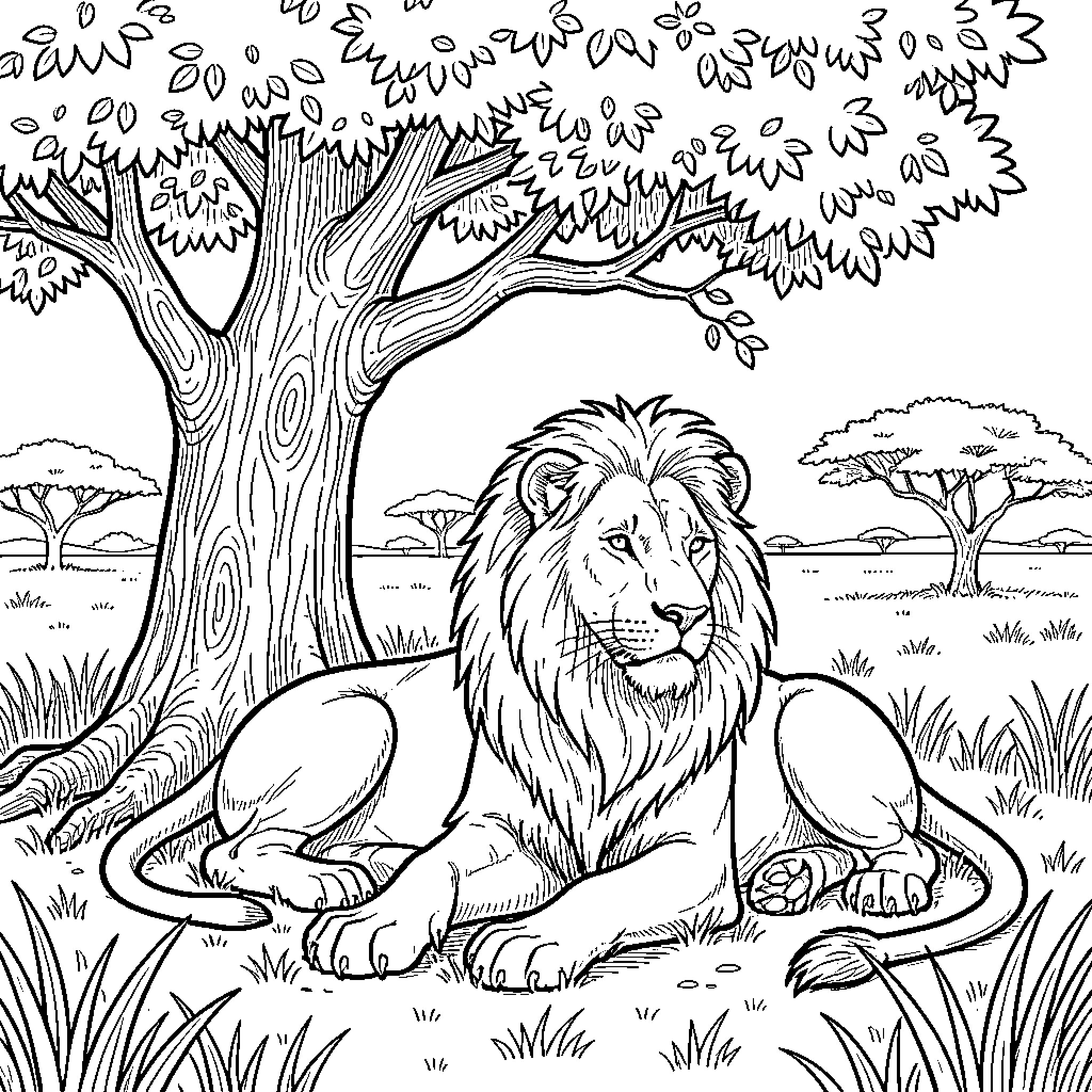 Lion relaxing in the serene wilderness Coloring Page (free black-and-white line drawing printable PDF for all, from beginners to advanced learners, including children, teens, adults, and seniors)
