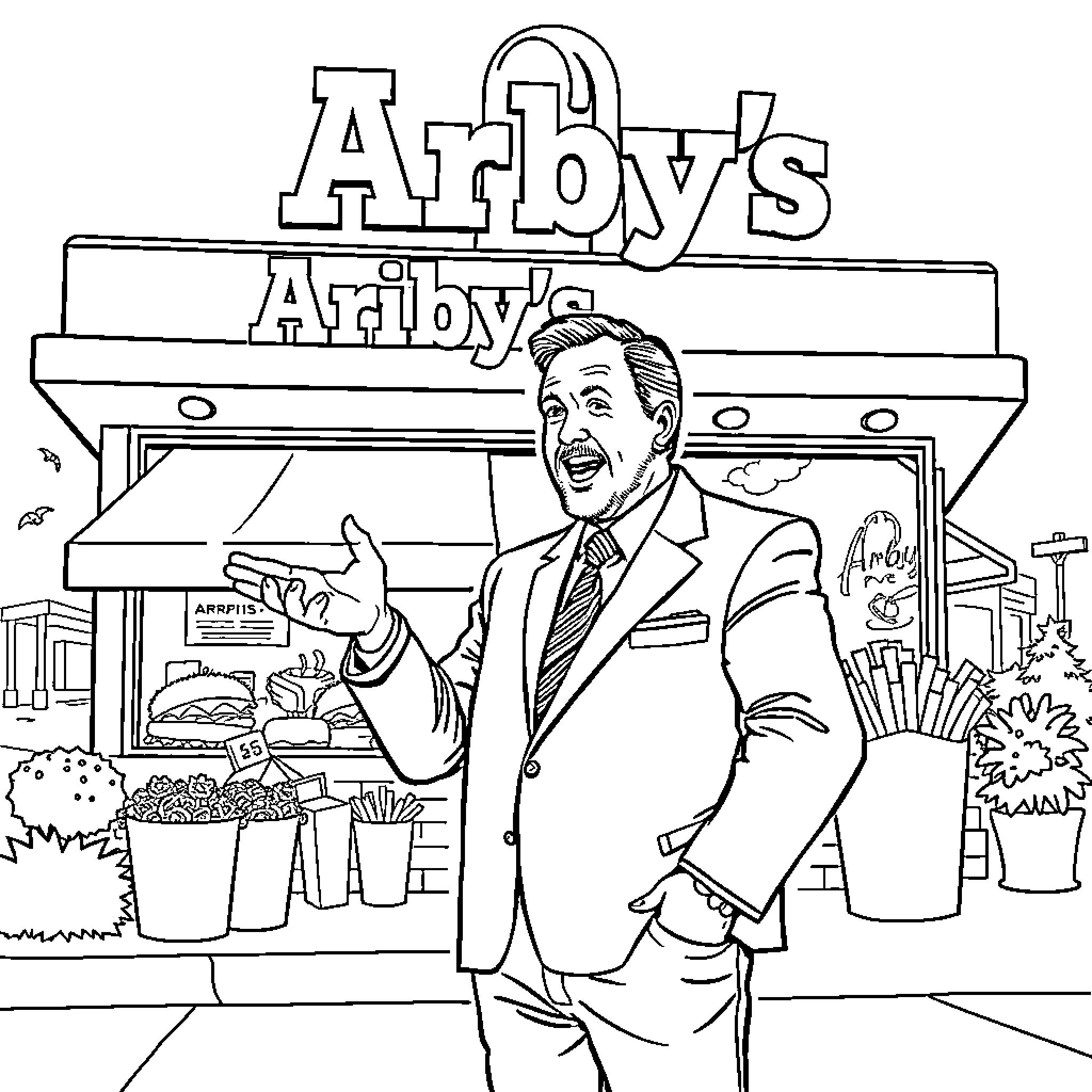 Alex Jones enthusiastically promoting Arby's restaurant Coloring Page (free black-and-white line drawing printable PDF for all, from beginners to advanced learners, including children, teens, adults, and seniors)