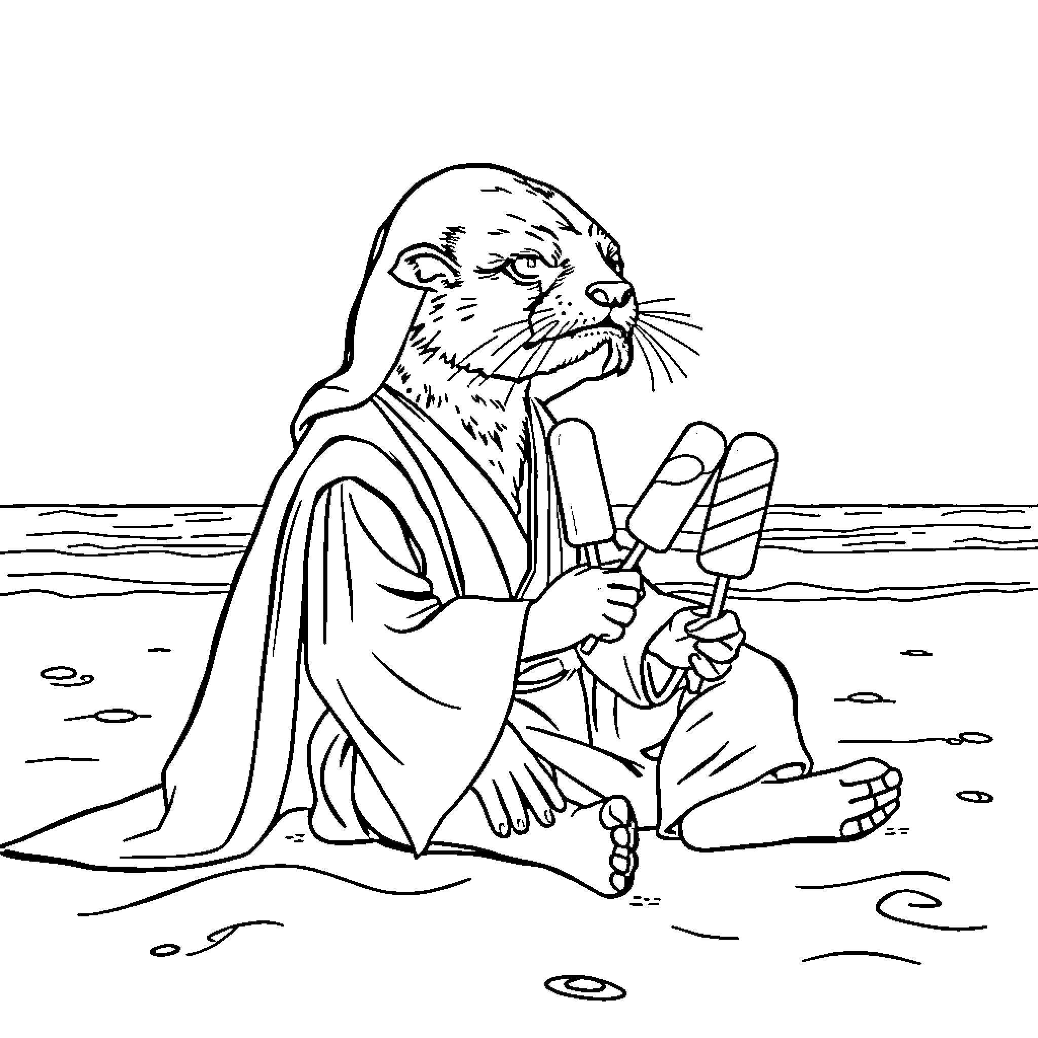 Jedi Otter Meditating on the Beach Coloring Page (free black-and-white line drawing printable PDF for all, from beginners to advanced learners, including children, teens, adults, and seniors)