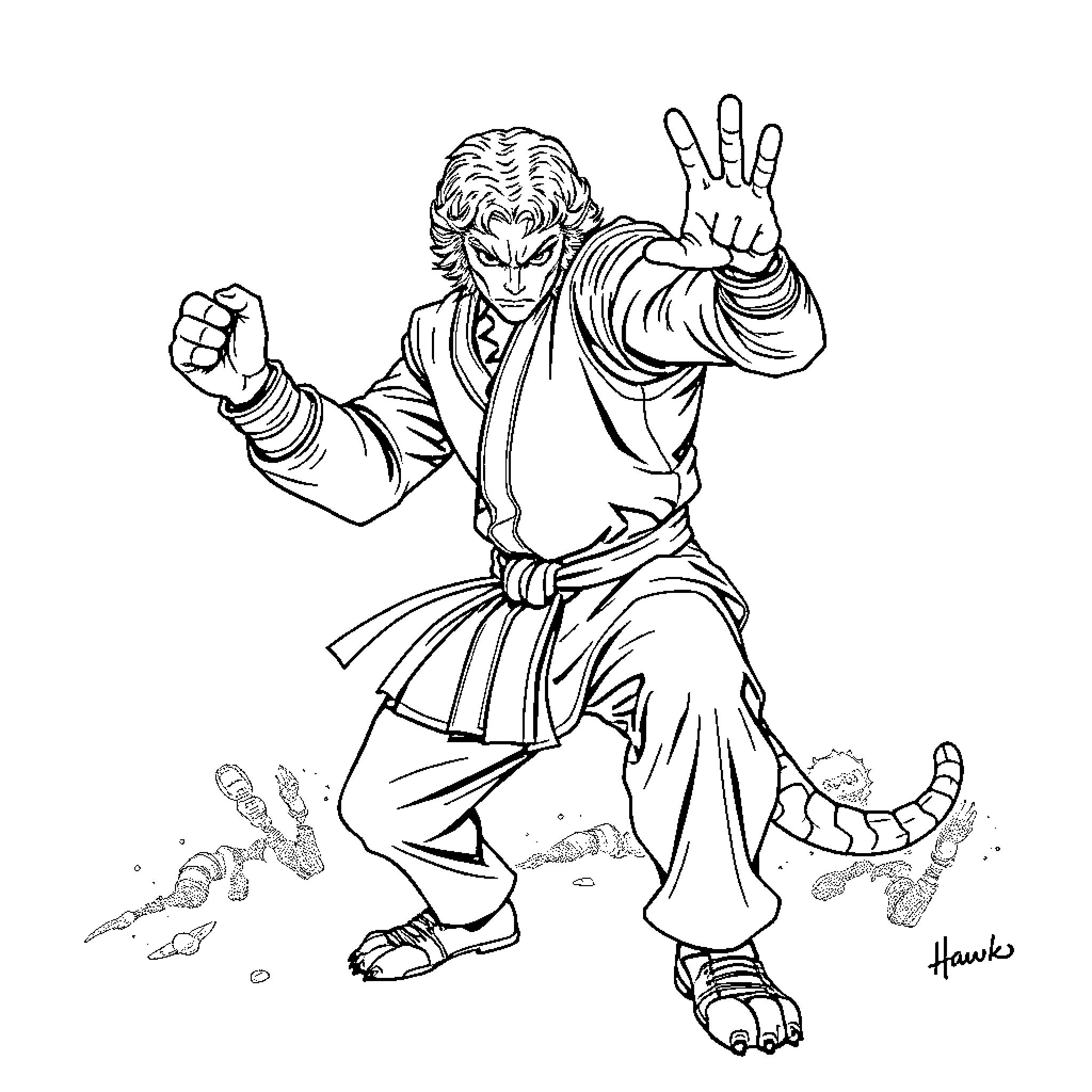 Cobra Kai Martial Artist in Action Pose Coloring Page (free black-and-white line drawing printable PDF for all, from beginners to advanced learners, including children, teens, adults, and seniors)