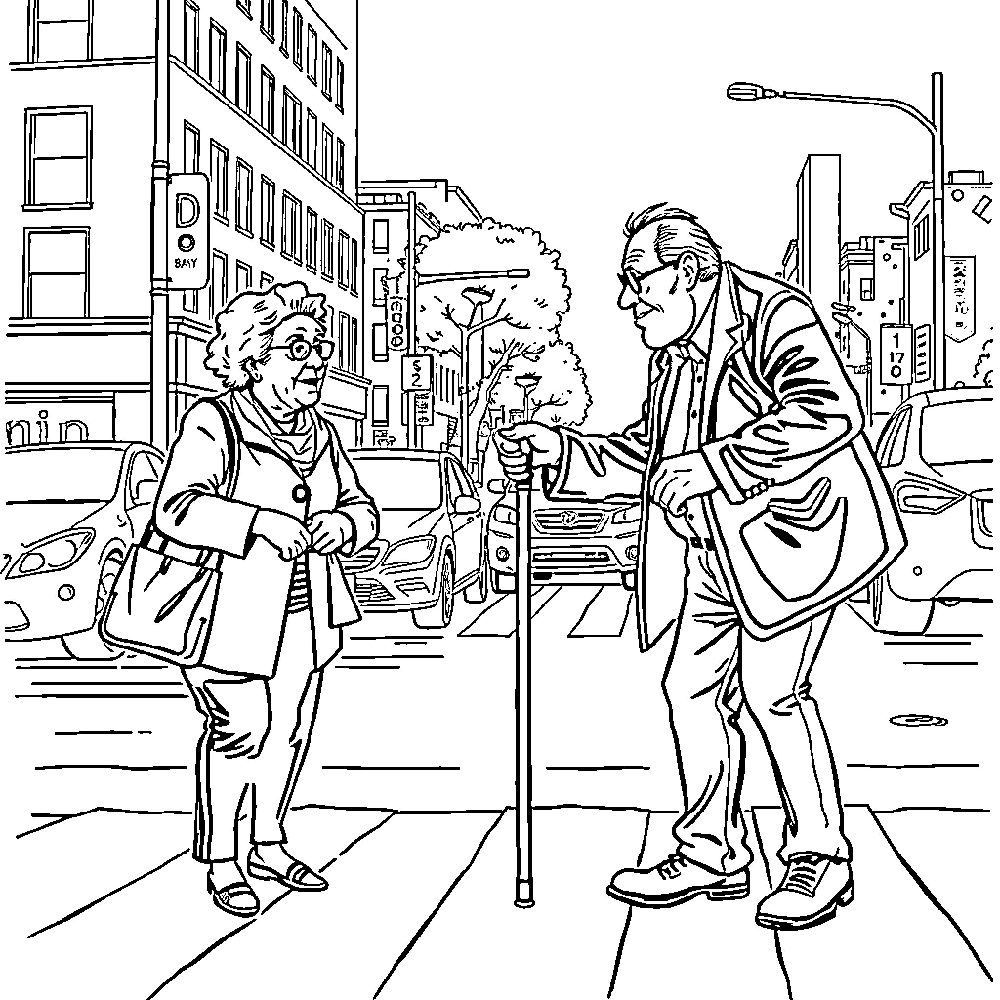 Danny DeVito meets a fan on a city street Coloring Page (free black-and-white line drawing printable PDF for all, from beginners to advanced learners, including children, teens, adults, and seniors)