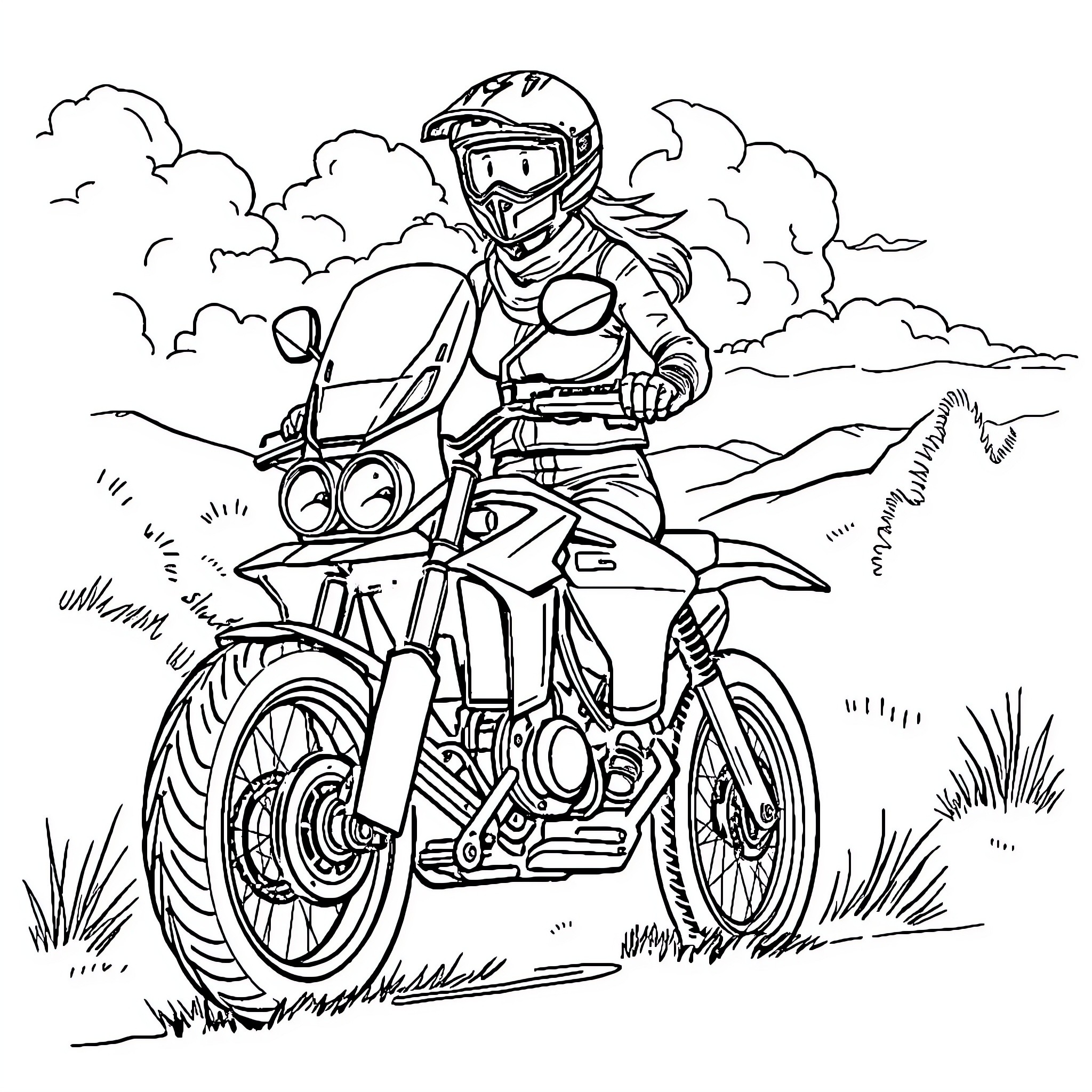 Dame Riding Motorcycle on Dirt Road Coloring Page (free black-and-white line drawing printable PDF for all, from beginners to advanced learners, including children, teens, adults, and seniors)