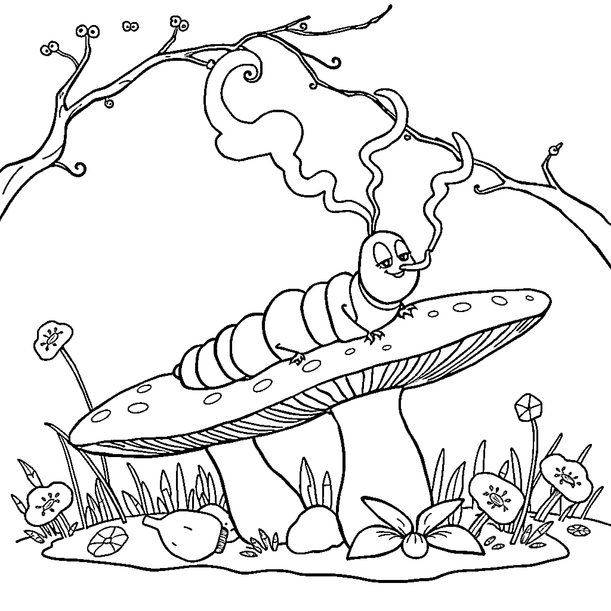 Caterpillar resting on a mushroom in nature Coloring Page (free black-and-white line drawing printable PDF for all, from beginners to advanced learners, including children, teens, adults, and seniors)