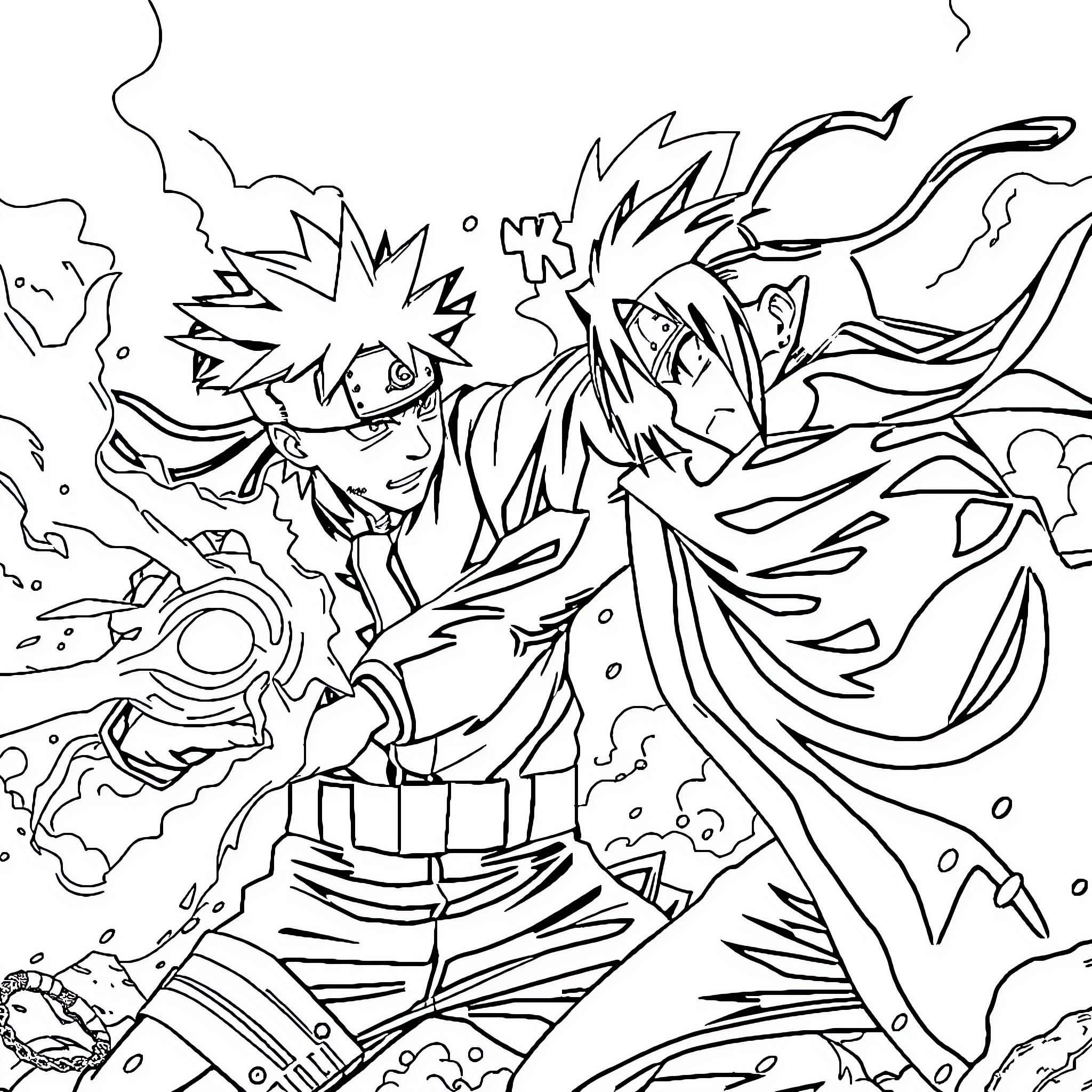 Naruto unleashing powerful ninjutsu in fierce battle Coloring Page (free black-and-white line drawing printable PDF for all, from beginners to advanced learners, including children, teens, adults, and seniors)