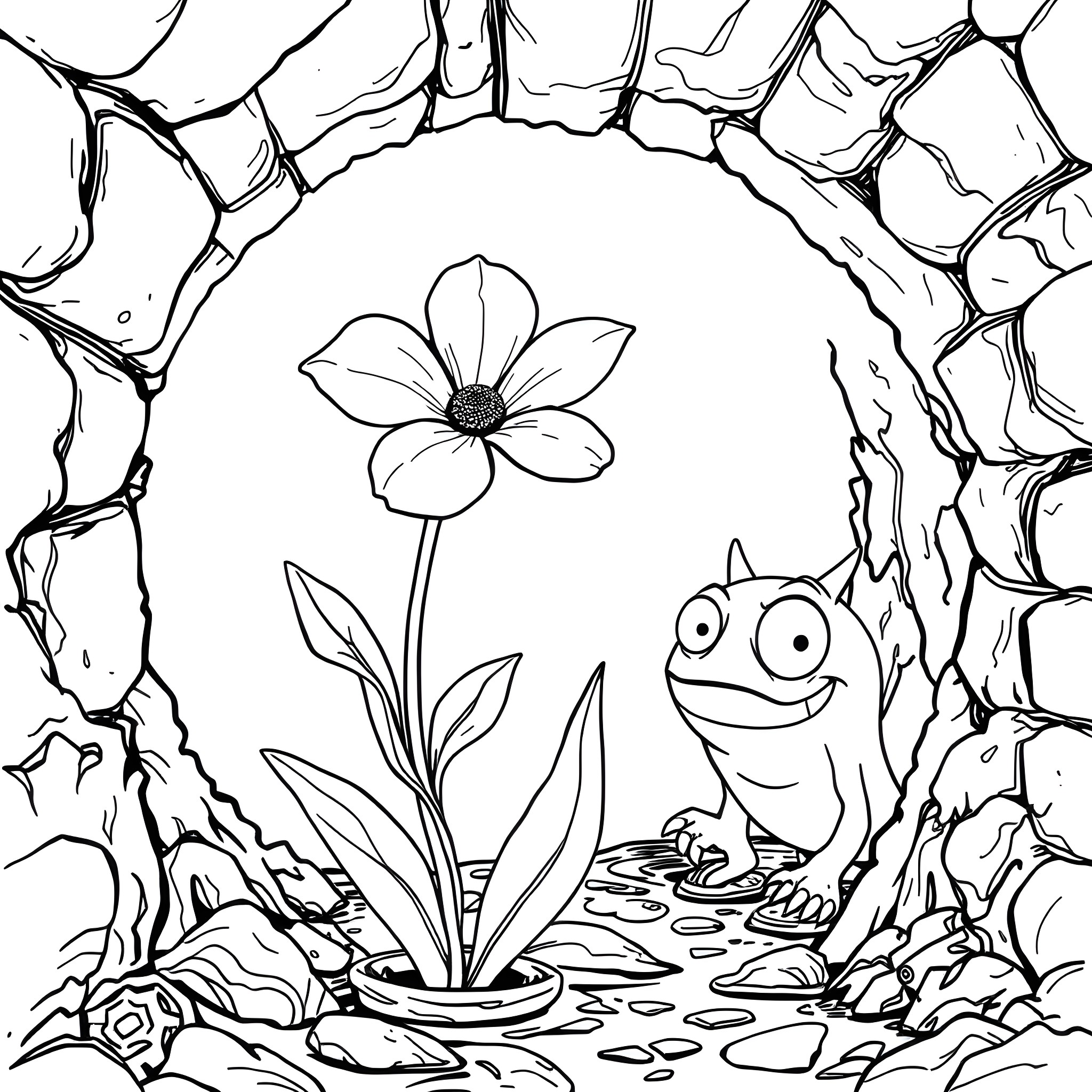Flower with cartoon frog in natural habitat Coloring Page (free black-and-white line drawing printable PDF for all, from beginners to advanced learners, including children, teens, adults, and seniors)