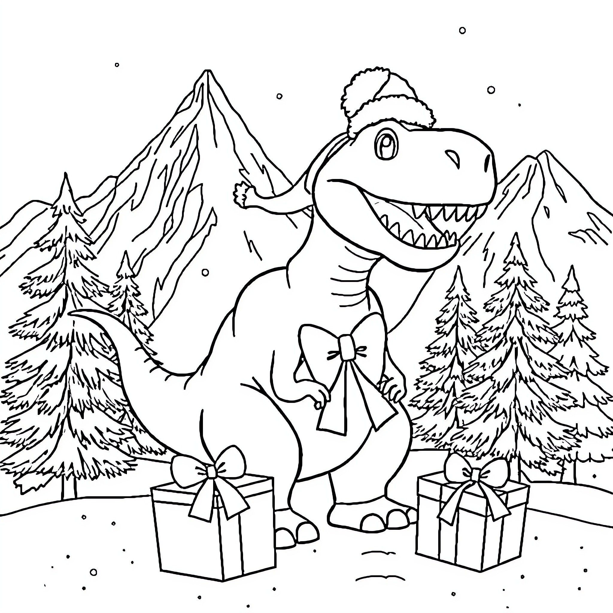 Tyrannosaurus Rex celebrating in a snowy forest Coloring Page (free black-and-white line drawing printable PDF for all, from beginners to advanced learners, including children, teens, adults, and seniors)