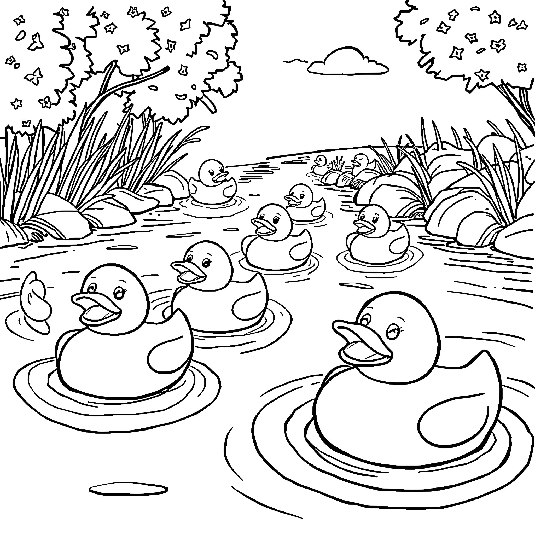 Rubber Ducks Swimming in a Pond Coloring Page (free black-and-white line drawing printable PDF for all, from beginners to advanced learners, including children, teens, adults, and seniors)