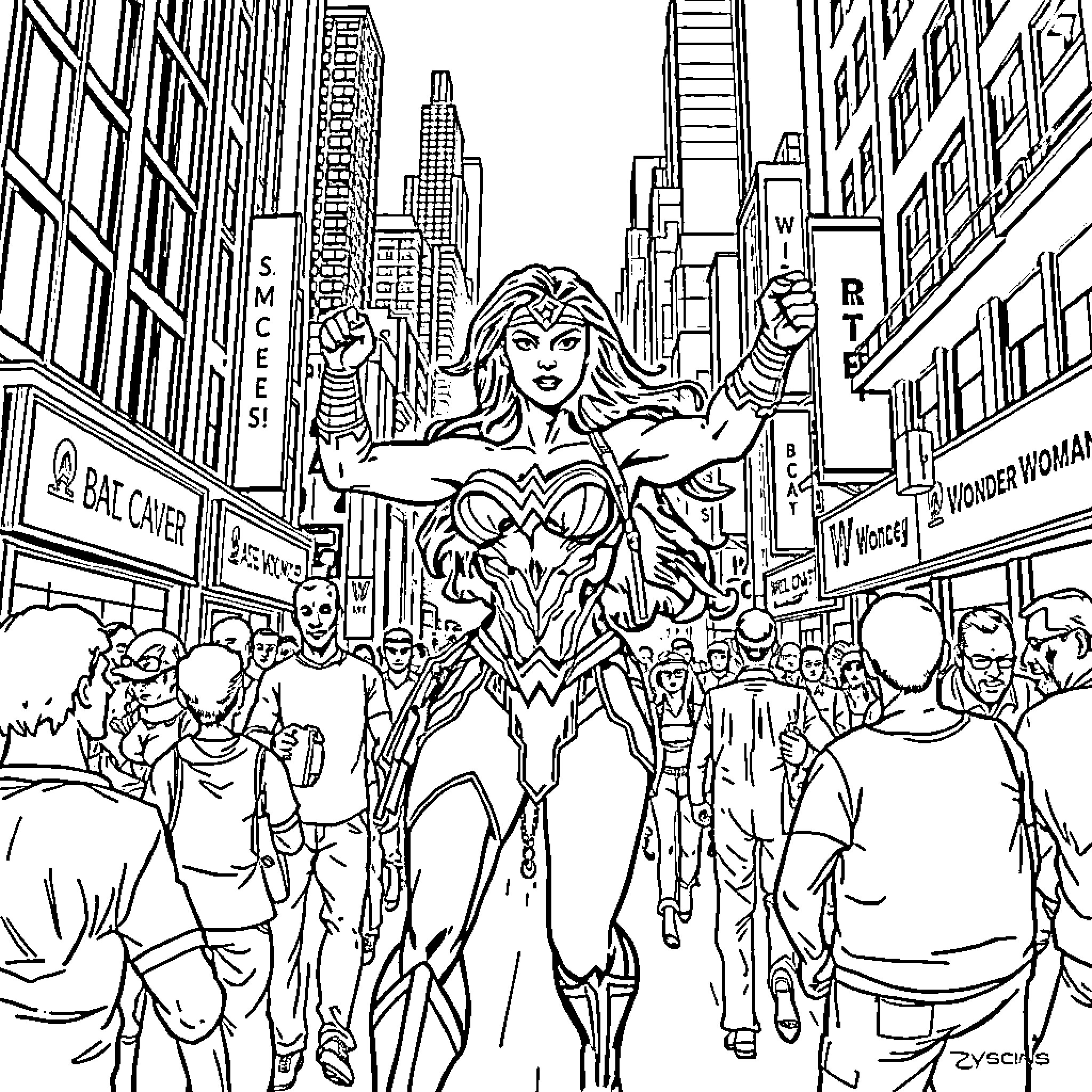 Wonder Woman heroically standing amidst the city streets Coloring Page (free black-and-white line drawing printable PDF for all, from beginners to advanced learners, including children, teens, adults, and seniors)