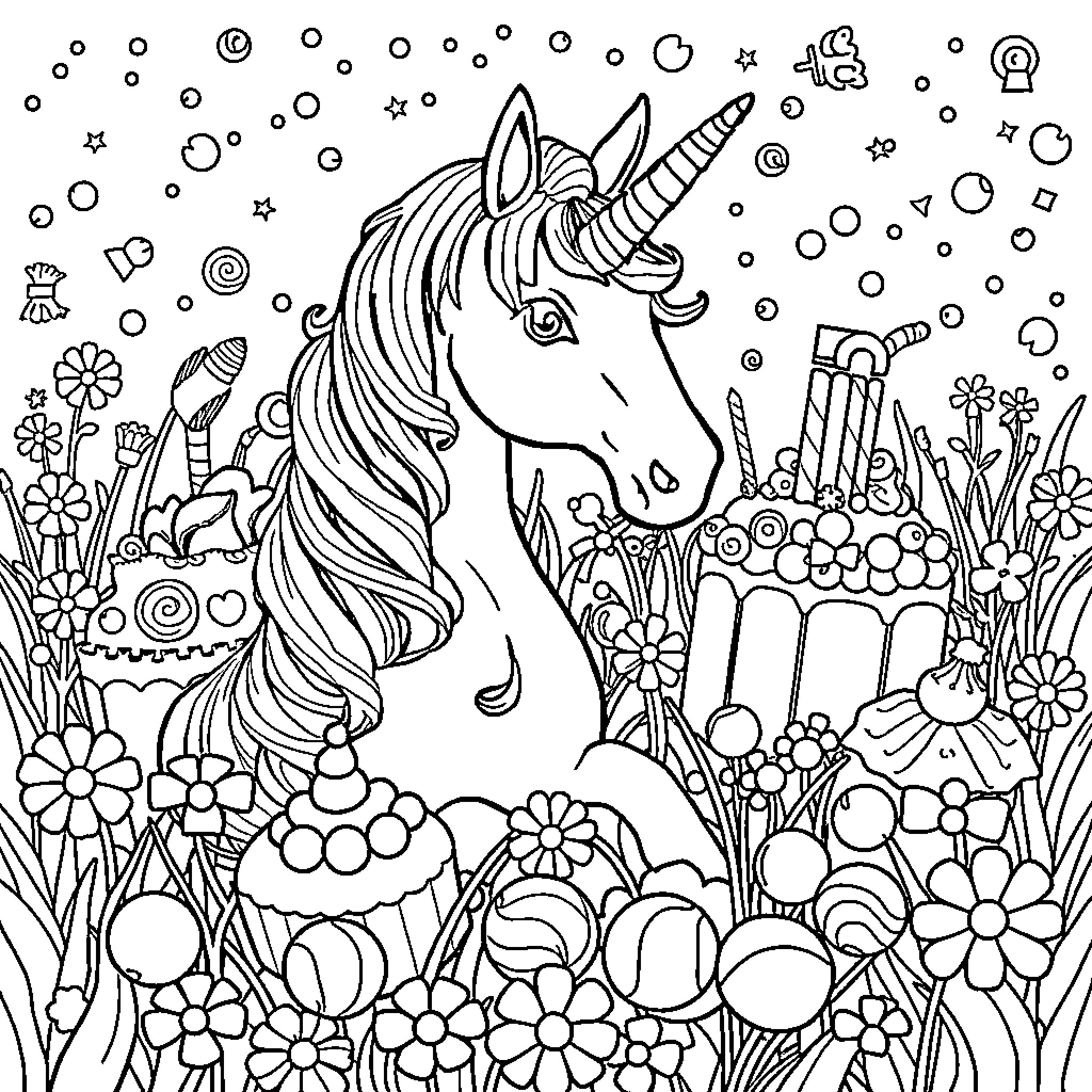Licorne frolicking amidst whimsical flora and fauna Coloring Page (free black-and-white line drawing printable PDF for all, from beginners to advanced learners, including children, teens, adults, and seniors)
