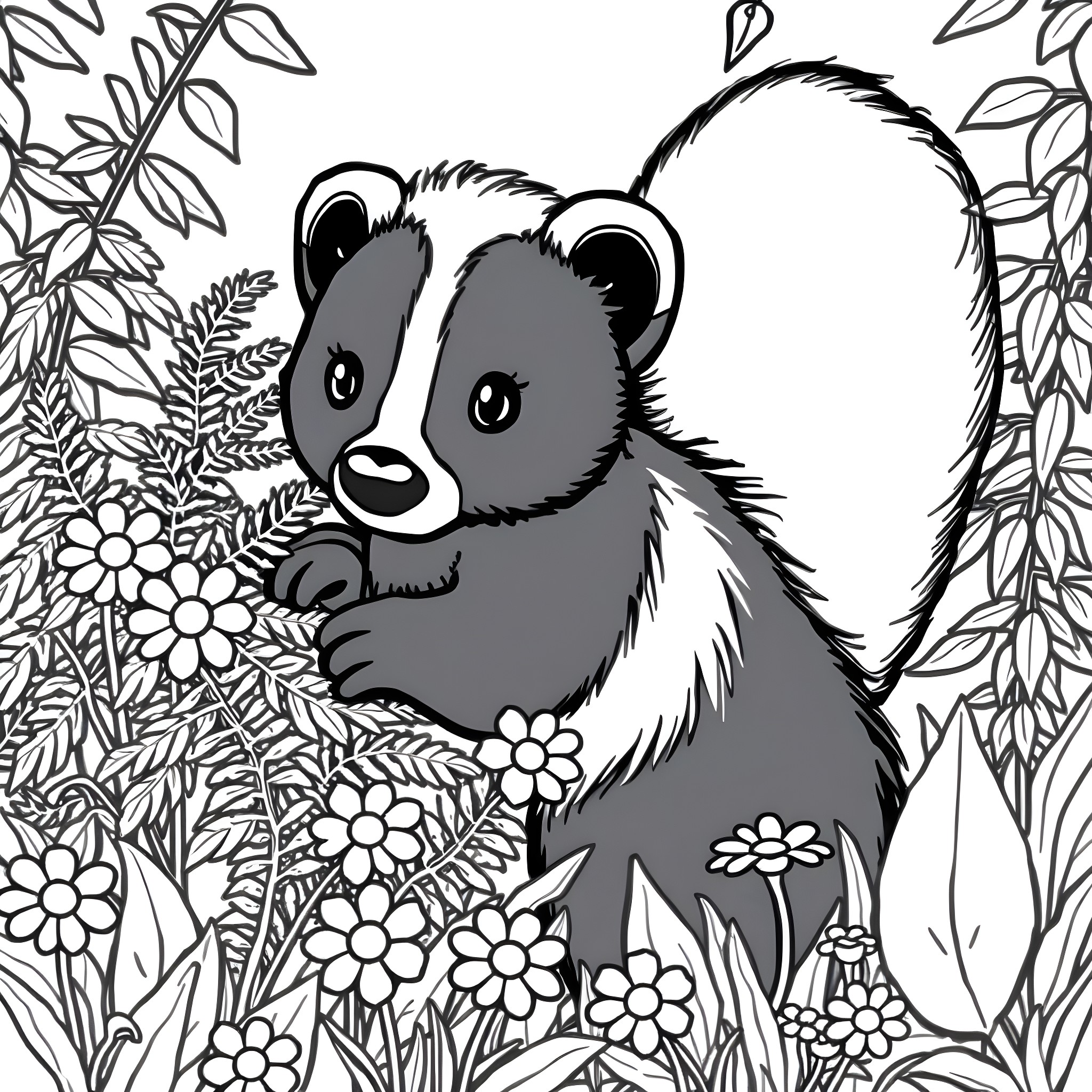 Skunk Exploring Vibrant Floral Garden Coloring Page (free black-and-white line drawing printable PDF for all, from beginners to advanced learners, including children, teens, adults, and seniors)