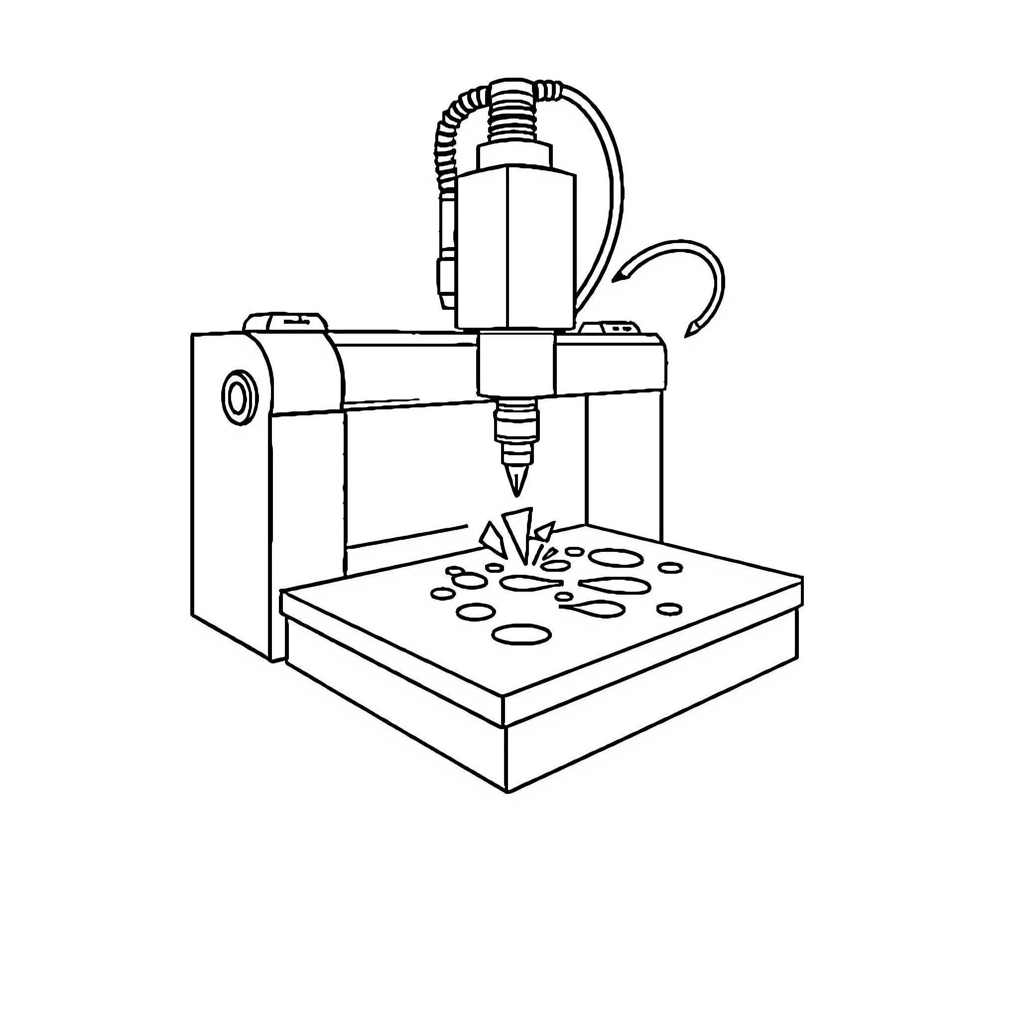 CNC Machine Cutting Metal Parts Coloring Page (free black-and-white line drawing printable PDF for all, from beginners to advanced learners, including children, teens, adults, and seniors)