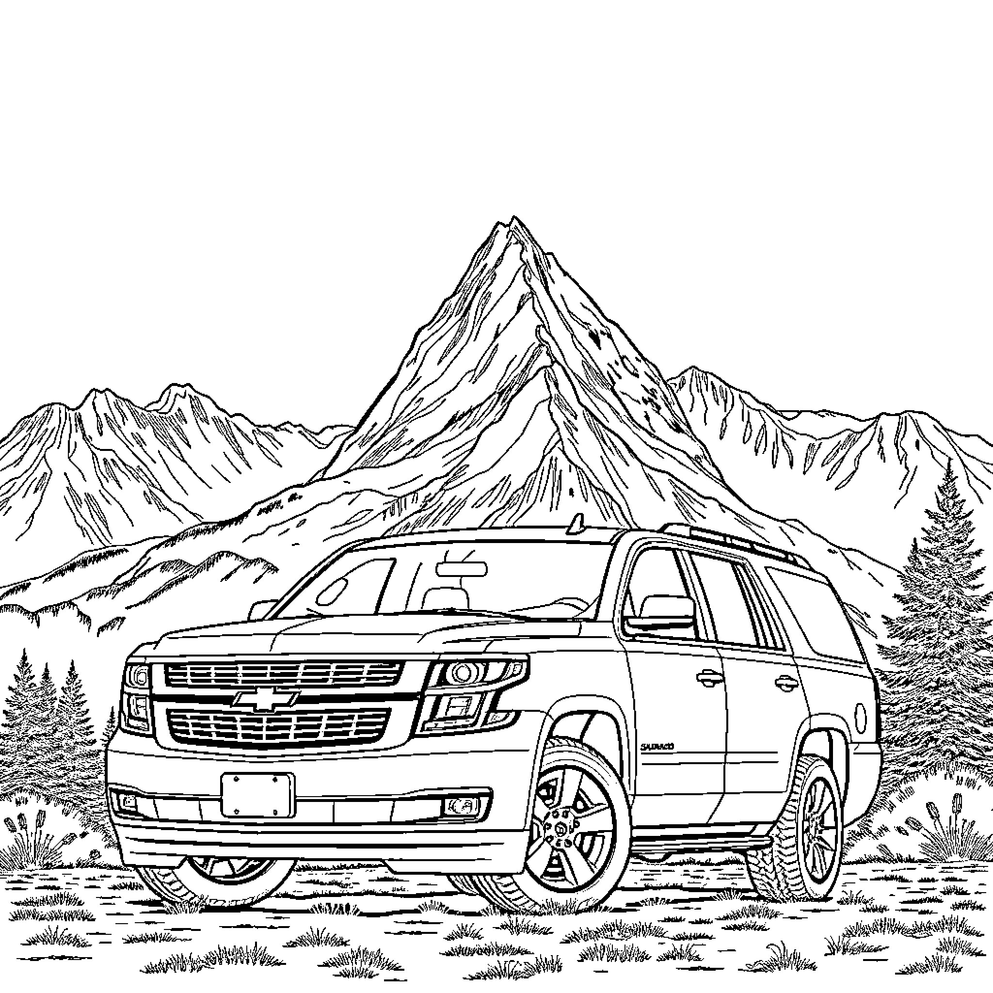 Chevrolet Suburban Parked in Scenic Mountain Landscape Coloring Page (free black-and-white line drawing printable PDF for all, from beginners to advanced learners, including children, teens, adults, and seniors)