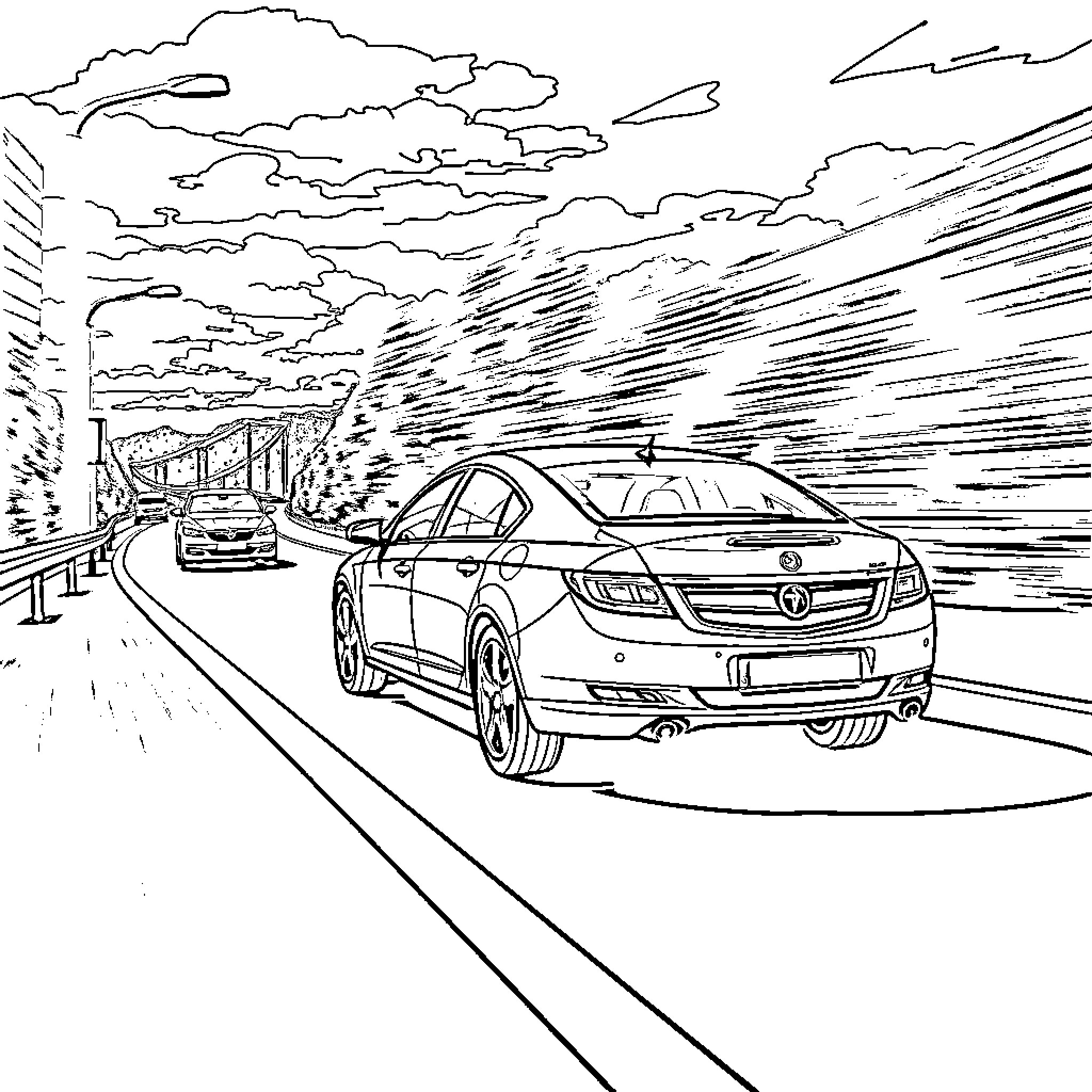 Vauxhall Vectra on the highway during a stormy day Coloring Page (free black-and-white line drawing printable PDF for all, from beginners to advanced learners, including children, teens, adults, and seniors)